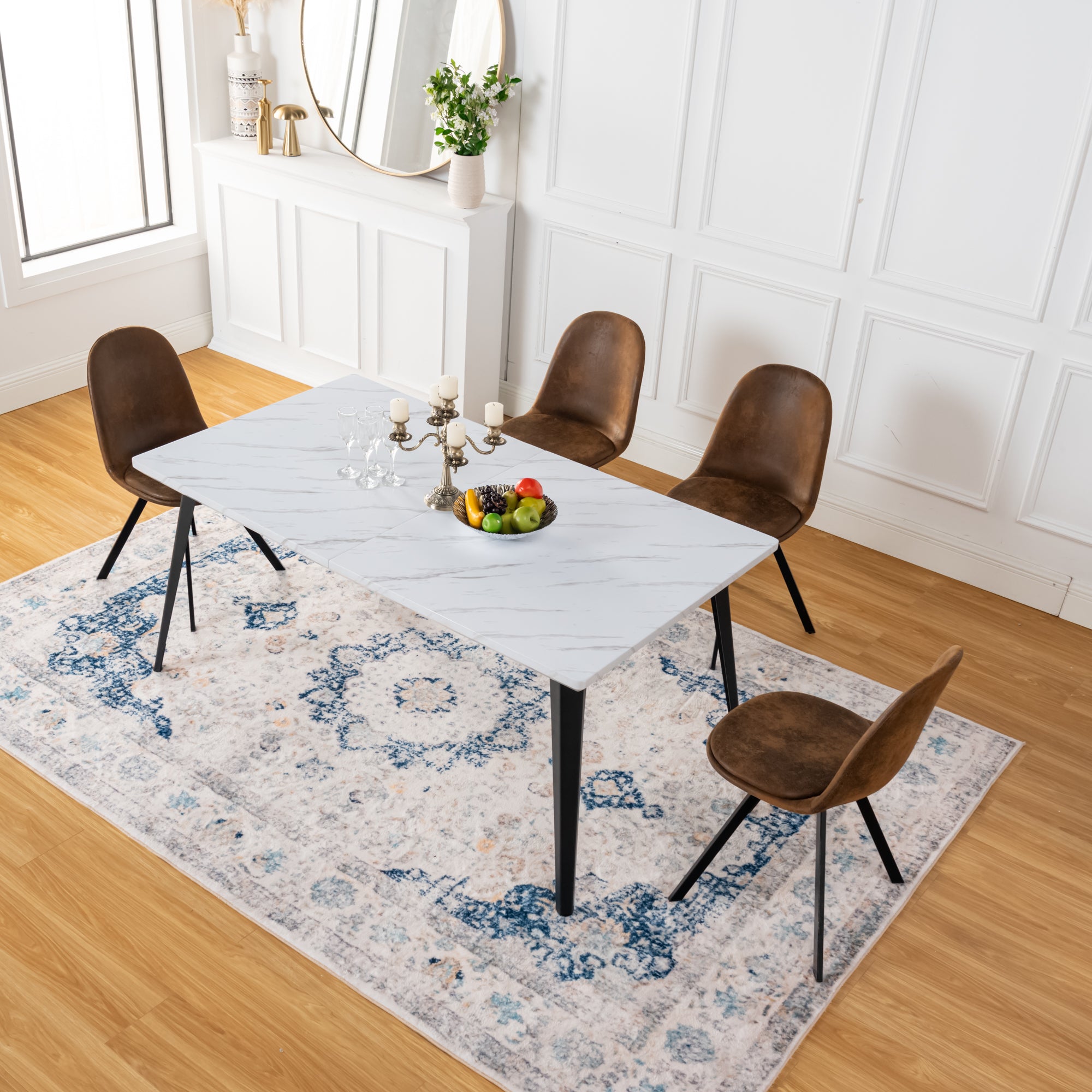Stan 5PC Dining Set 63” Table in White Marble Top Finish with 4 Sunflower Upholstered Chairs, Suede Brown