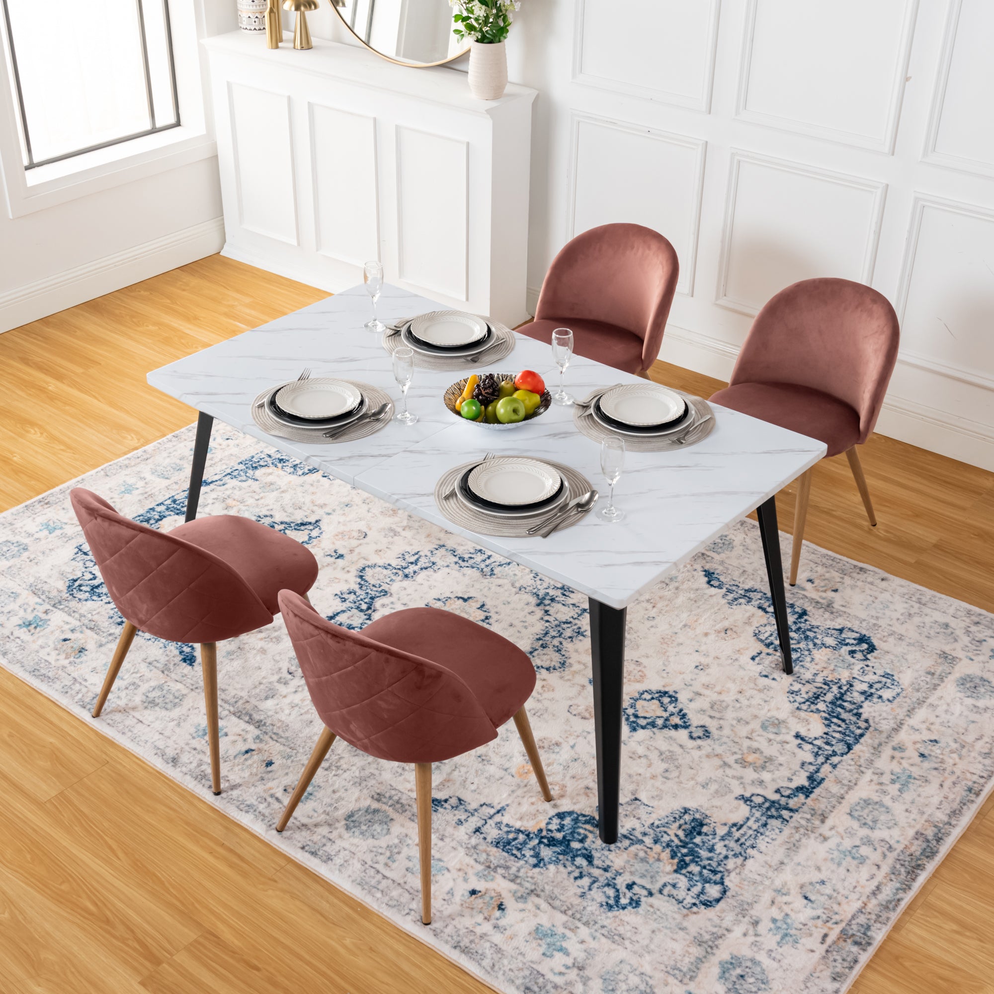 Stan 5PC Dining Set 63" White Marble Table with 4 Zomba Rose Chairs