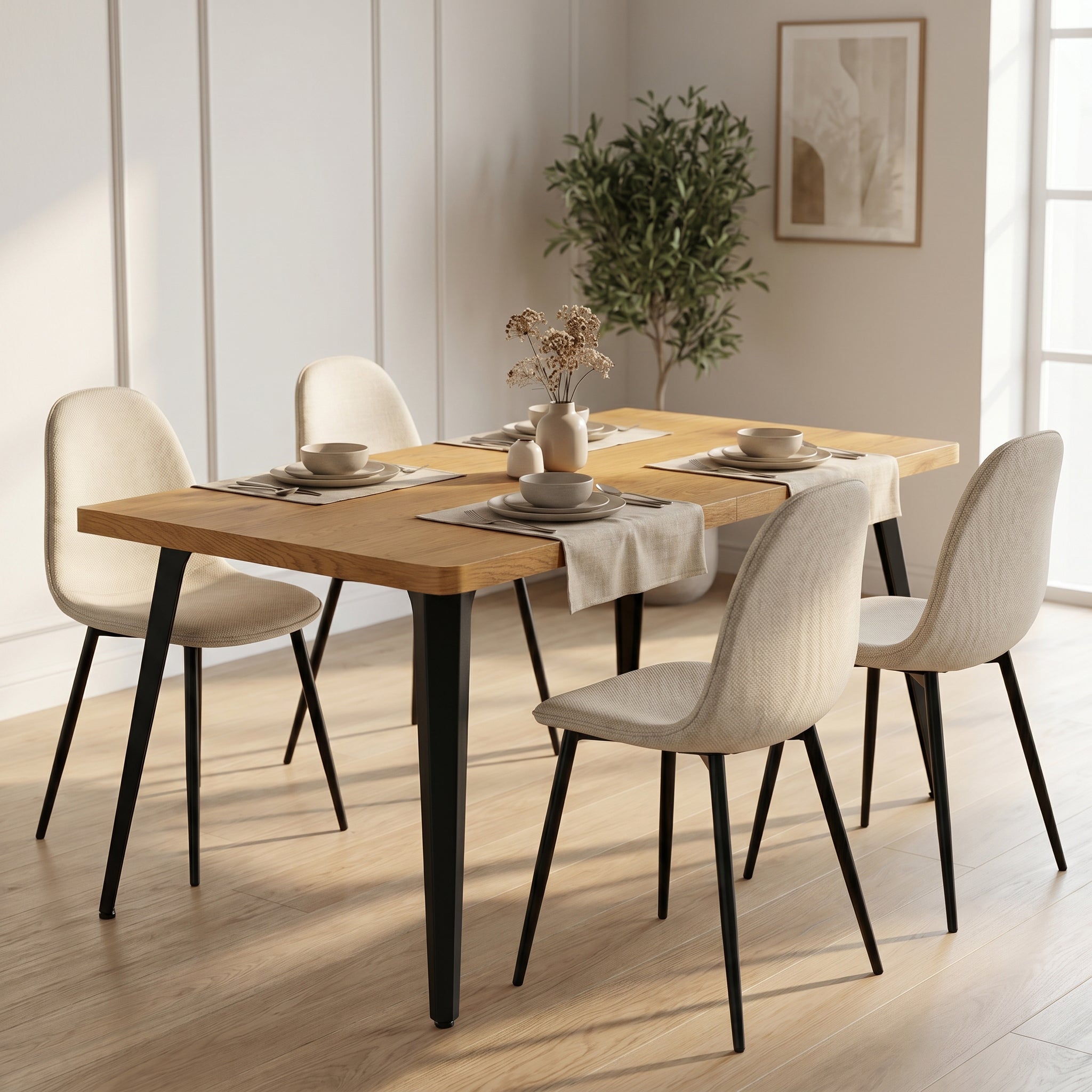 Homy Casa STAN+CHARLTON 5PC Dining Set 63" Natural Wood Table with 4 Beige Fabric Chairs, Natural Wood & Black Metal
