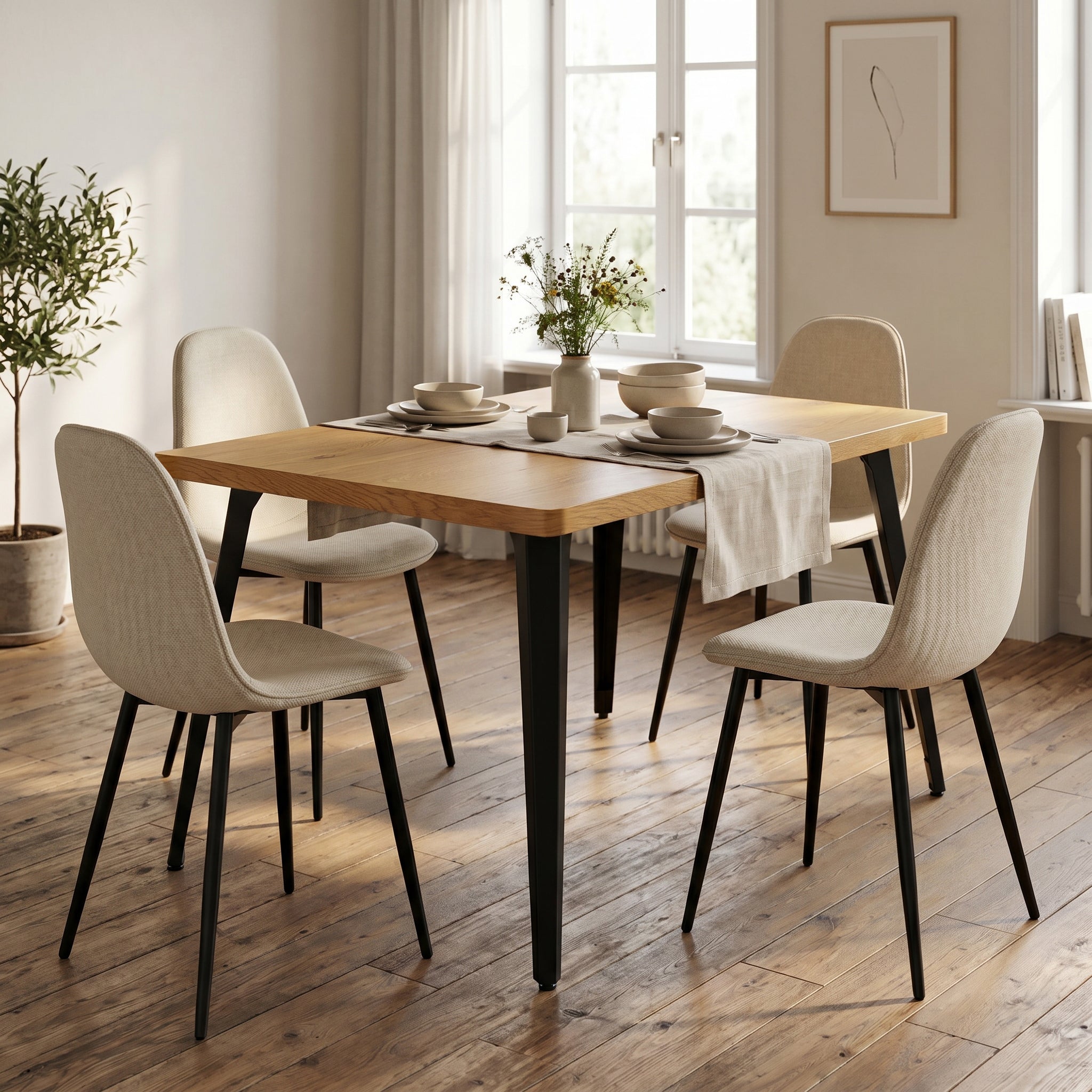 Homy Casa STAN+CHARLTON 5PC Dining Set 63" Natural Wood Table with 4 Beige Fabric Chairs, Natural Wood & Black Metal
