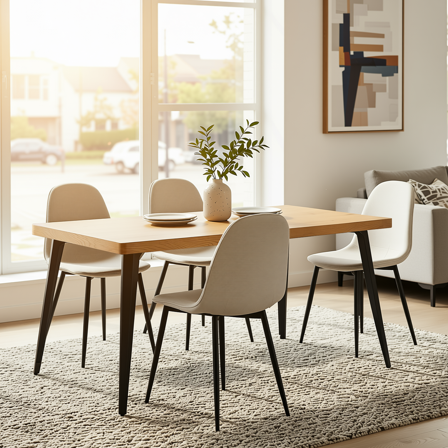 Homy Casa STAN+CHARLTON 5PC Dining Set 63" Natural Wood Table with 4 Beige Fabric Chairs, Natural Wood & Black Metal
