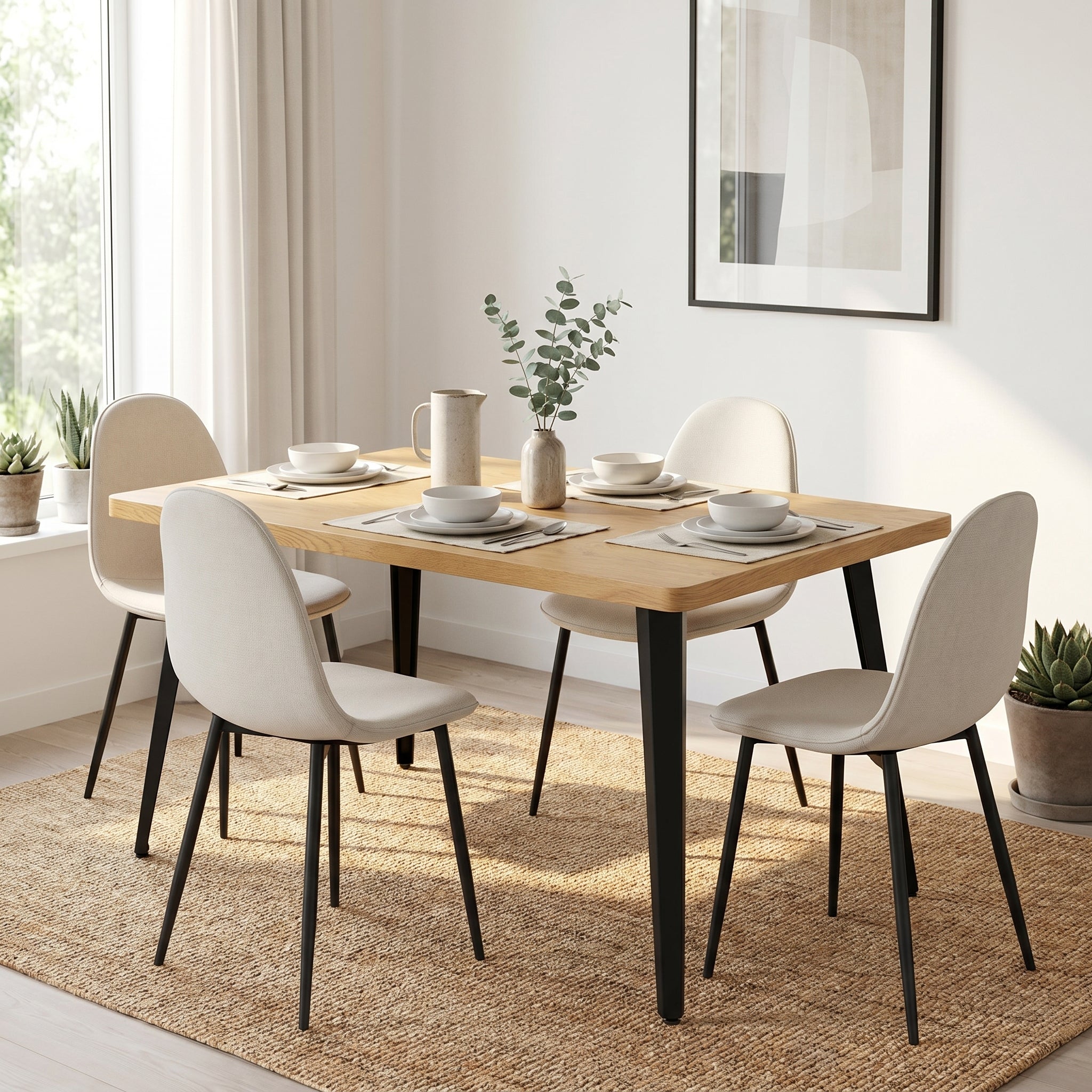 Homy Casa STAN+CHARLTON 5PC Dining Set 63” Natural Wood Grain Table with 4 Khaki Fabric Chairs – Kitchen & Dining Furniture Set