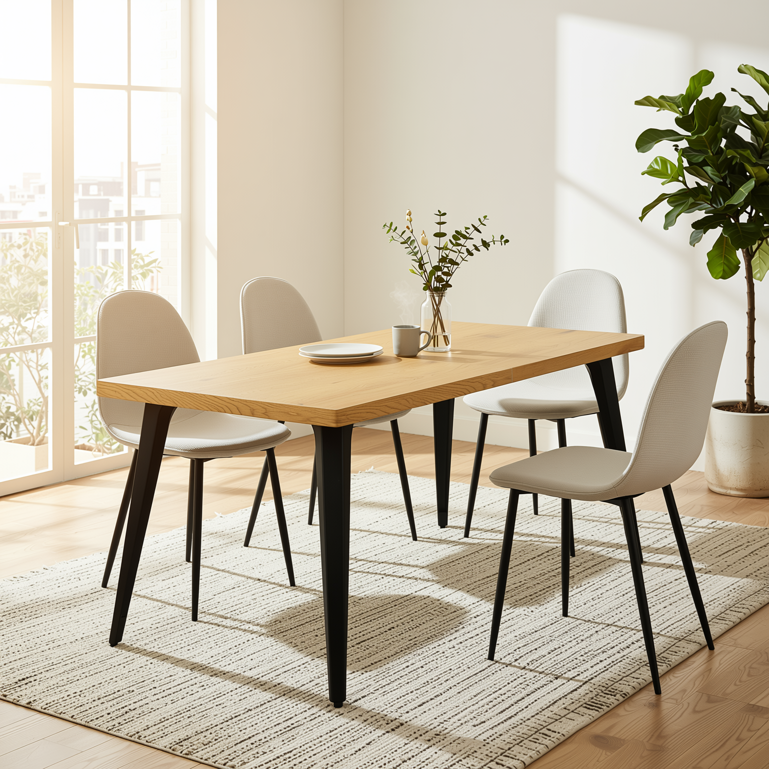 Homy Casa STAN+CHARLTON 5PC Dining Set 63” Natural Wood Grain Table with 4 Khaki Fabric Chairs – Kitchen & Dining Furniture Set