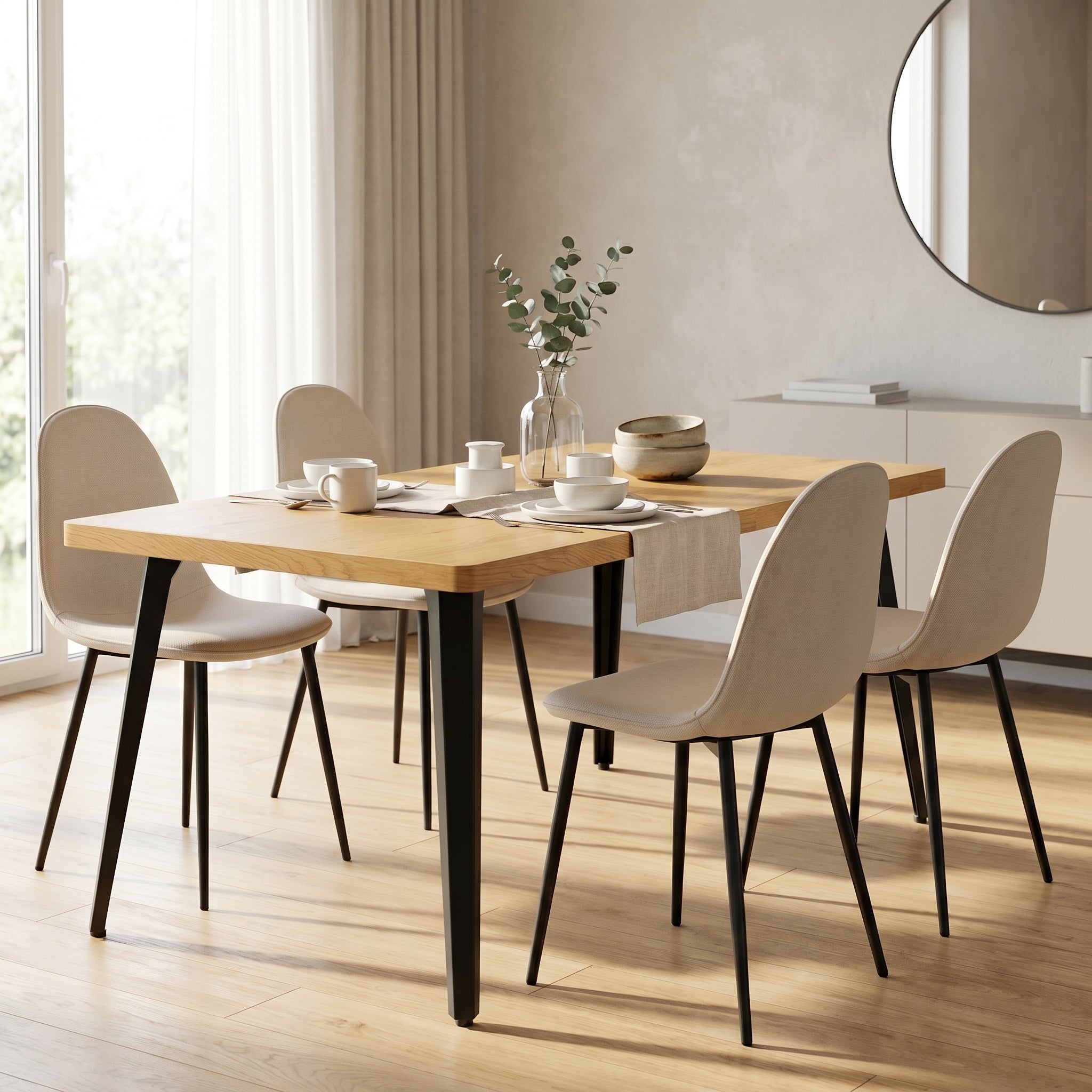 Homy Casa STAN+CHARLTON 5PC Dining Set 63” Natural Wood Grain Table with 4 Khaki Fabric Chairs – Kitchen & Dining Furniture Set