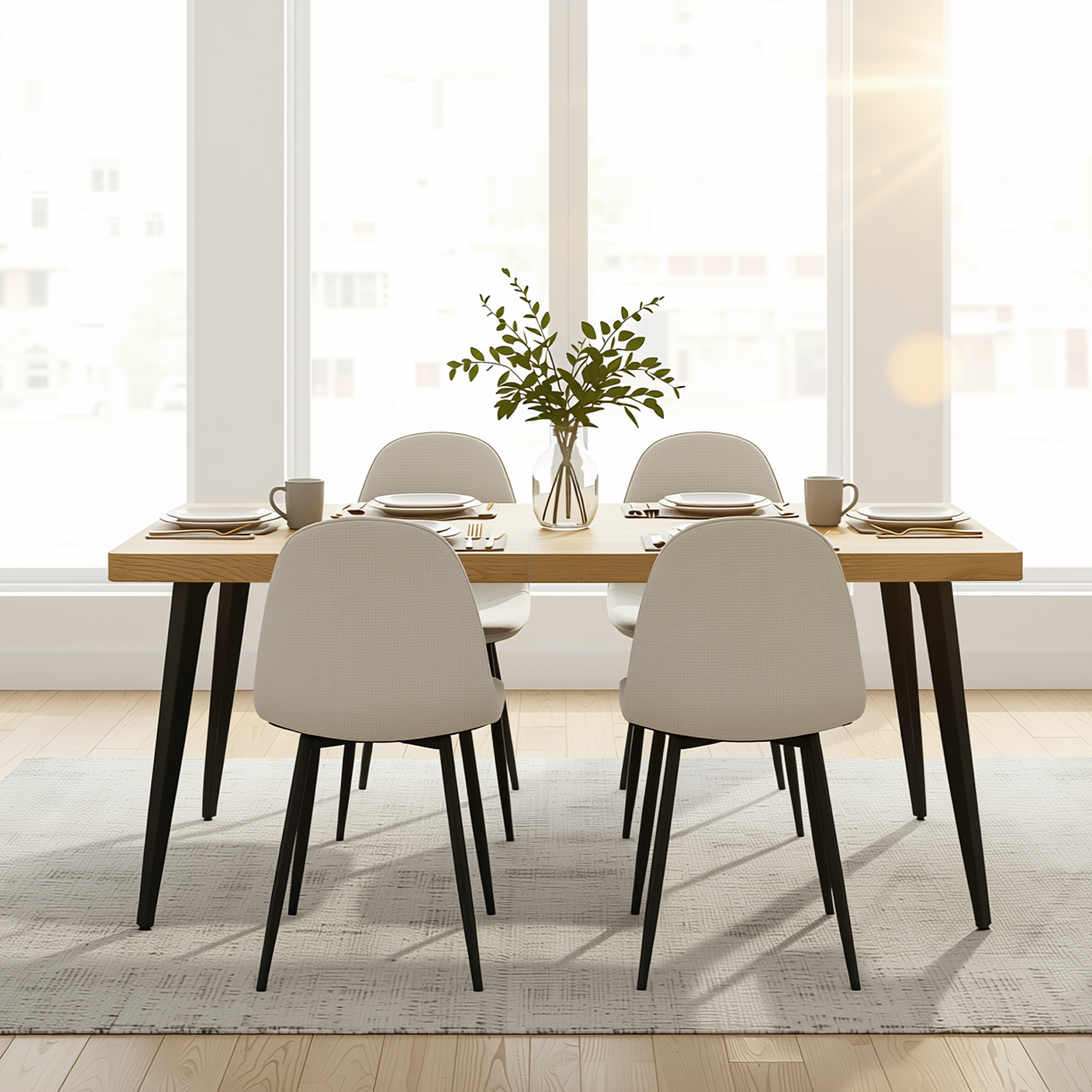 Homy Casa STAN+CHARLTON 5PC Dining Set 63” Natural Wood Grain Table with 4 Khaki Fabric Chairs – Kitchen & Dining Furniture Set