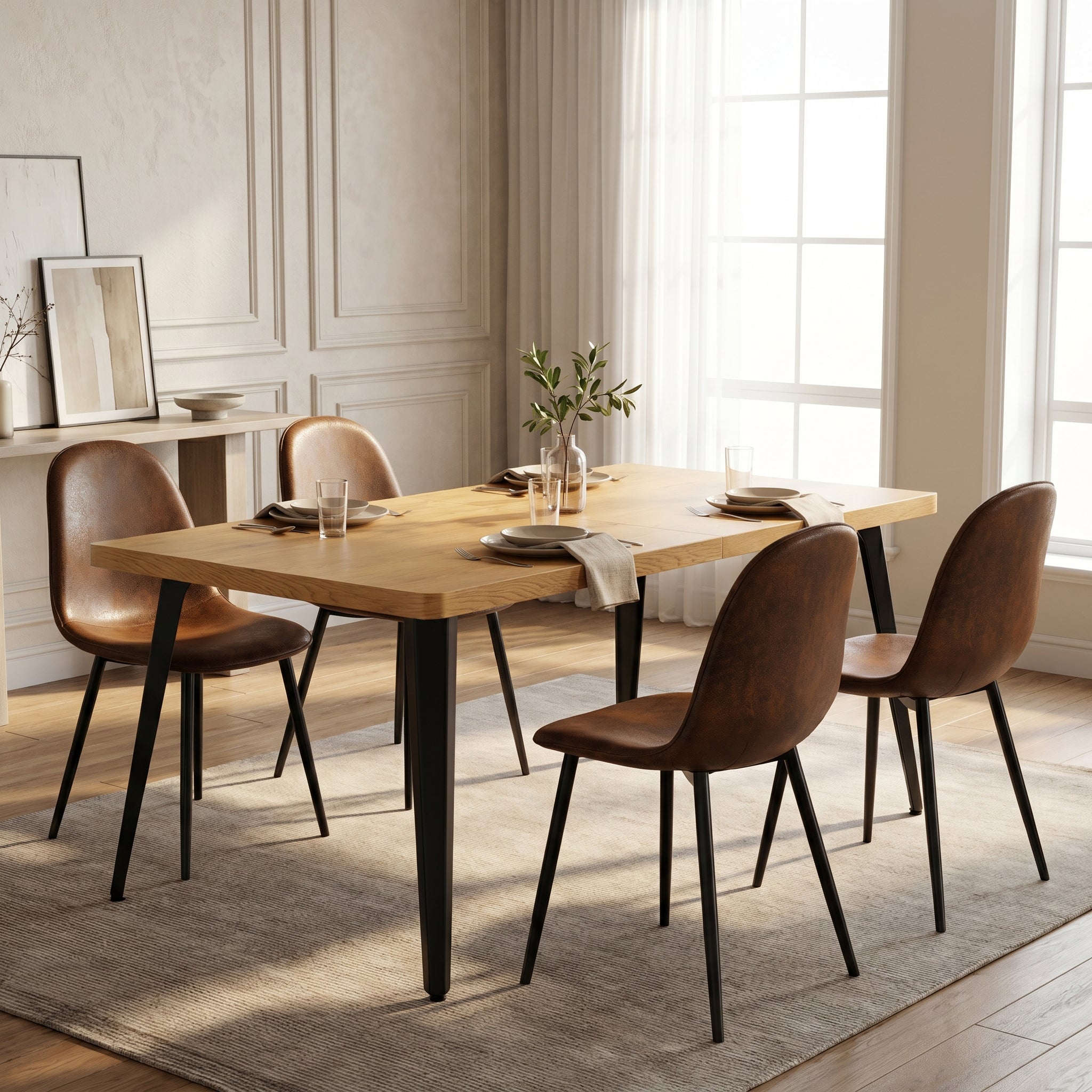 Homy Casa STAN+CHARLTON 5PC Dining Set 63" Natural Wood Table with 4 Brown Faux Suede Chairs