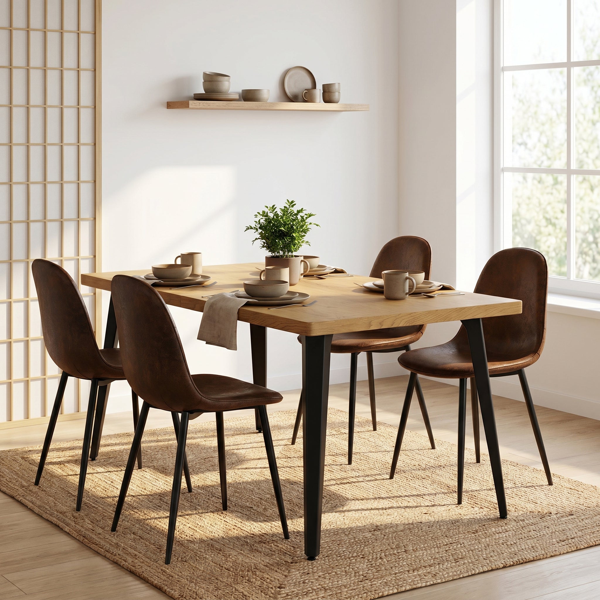 Homy Casa STAN+CHARLTON 5PC Dining Set 63" Natural Wood Table with 4 Brown Faux Suede Chairs