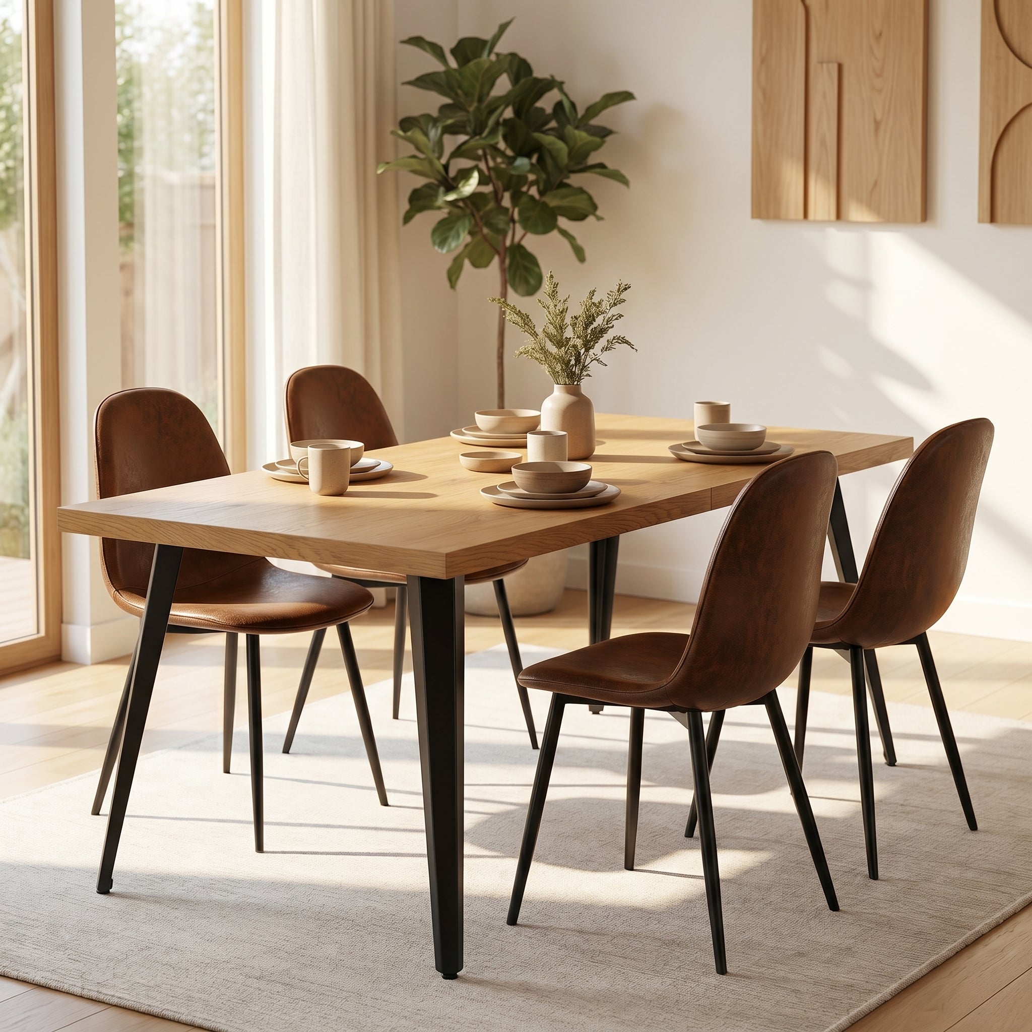 Homy Casa STAN+CHARLTON 5PC Dining Set 63" Natural Wood Table with 4 Brown Faux Suede Chairs