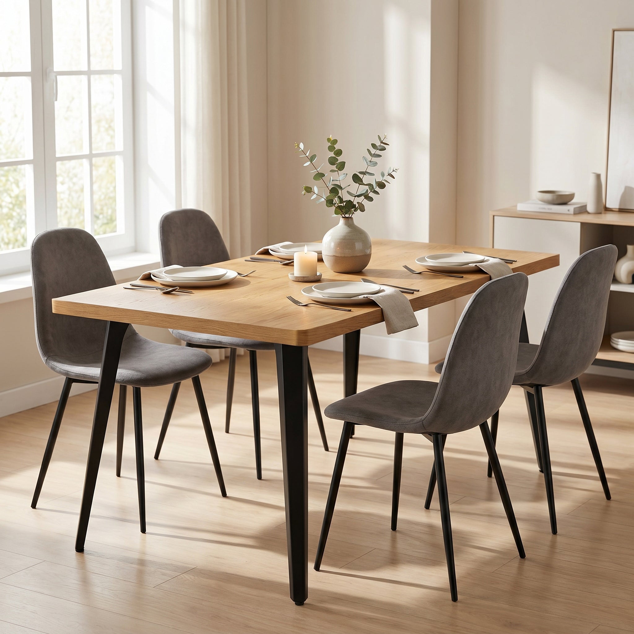 Homy Casa STAN+CHARLTON 5PC Dining Set 63” Natural Wood Grain Table with 4 Grey Terry Fabric Chairs
