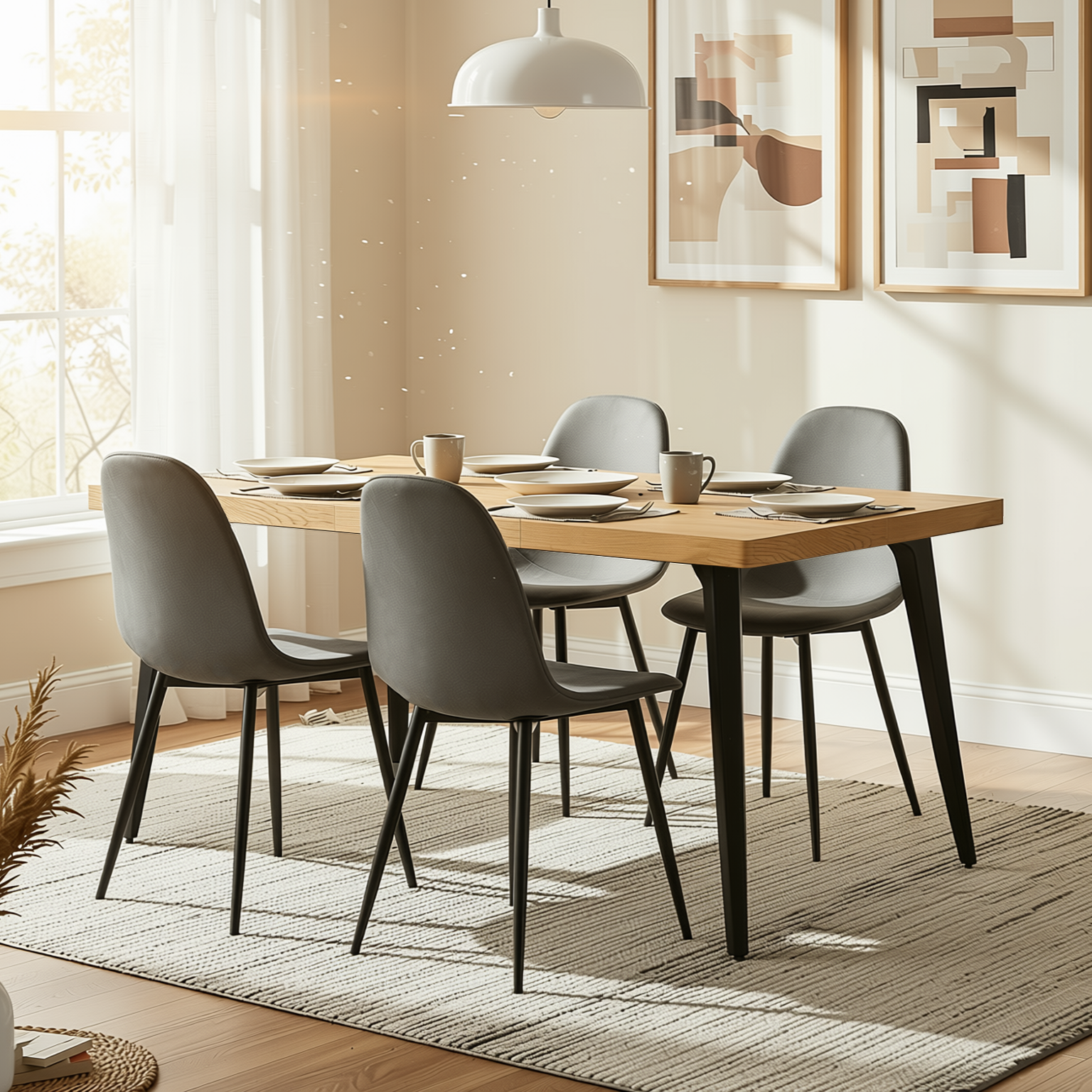 Homy Casa STAN+CHARLTON 5PC Dining Set 63” Natural Wood Grain Table with 4 Grey Terry Fabric Chairs