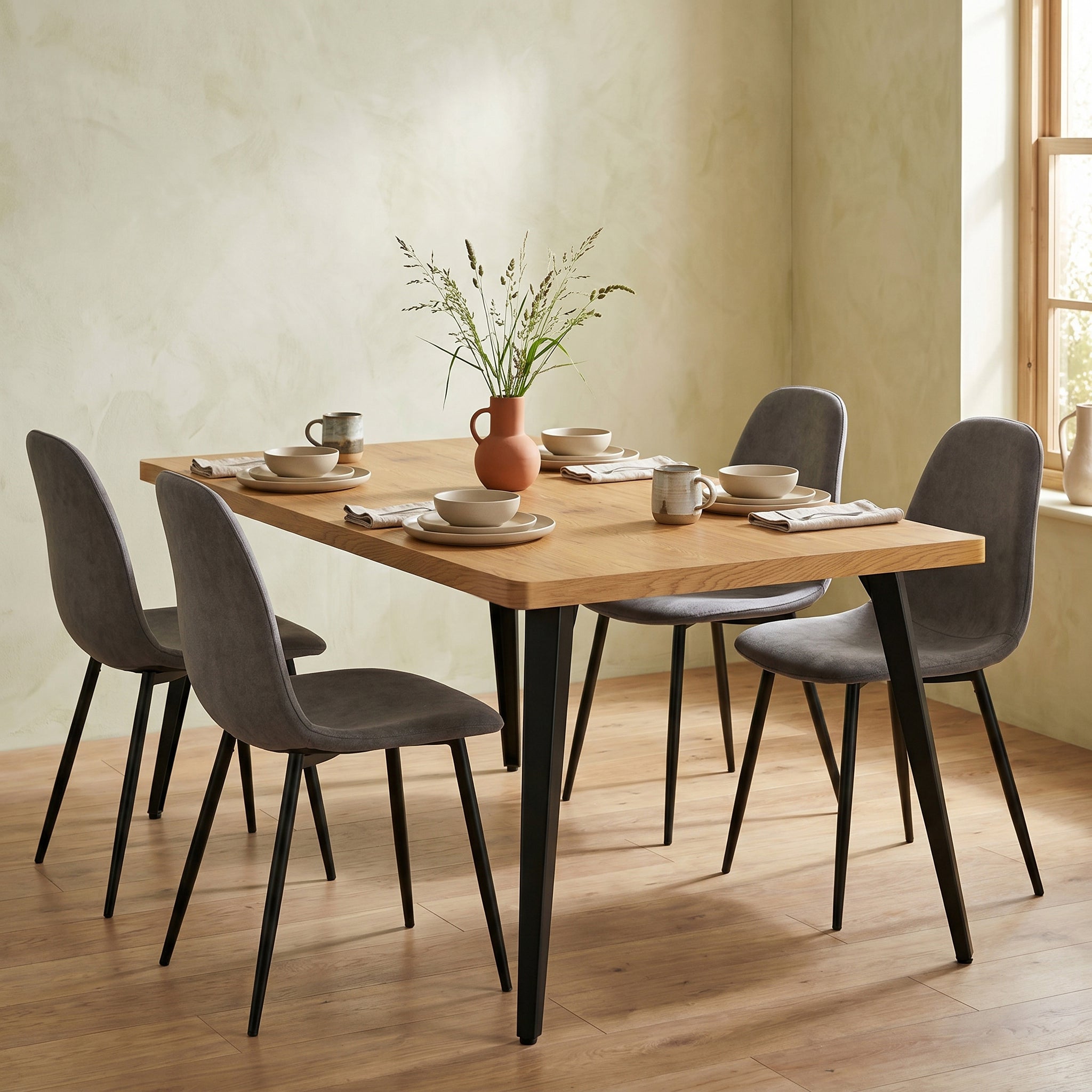 Homy Casa STAN+CHARLTON 5PC Dining Set 63” Natural Wood Grain Table with 4 Grey Terry Fabric Chairs