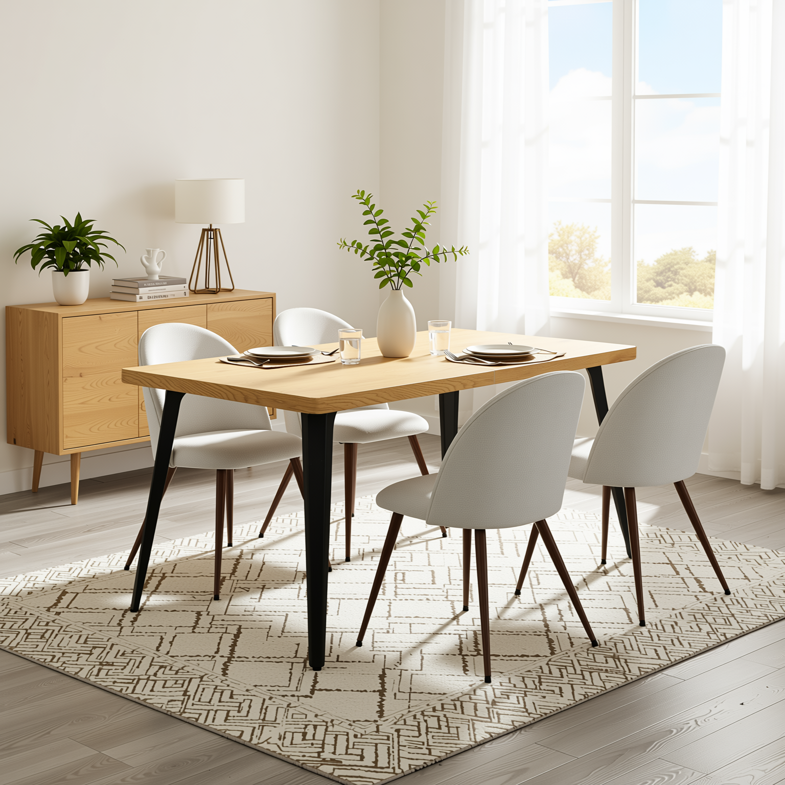 Homy Casa STAN+HAVEN 5PC Dining Set 63" Table with 4 Beige Fabric Chairs Walnut Legs