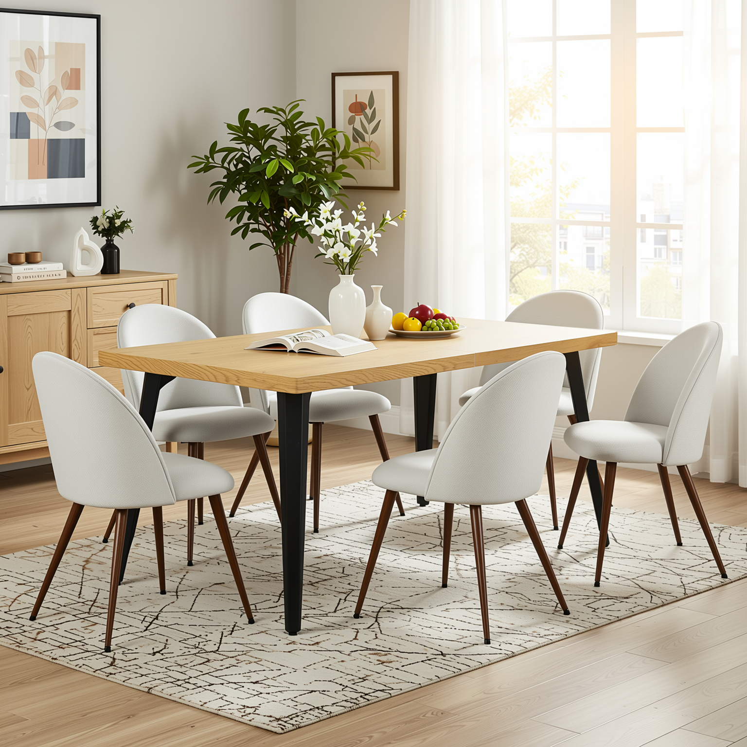 Homy Casa STAN+HAVEN 7PC Dining Set 63” Natural Wood Grain Table with 6 Haven Beige Fabric Chairs Walnut Legs