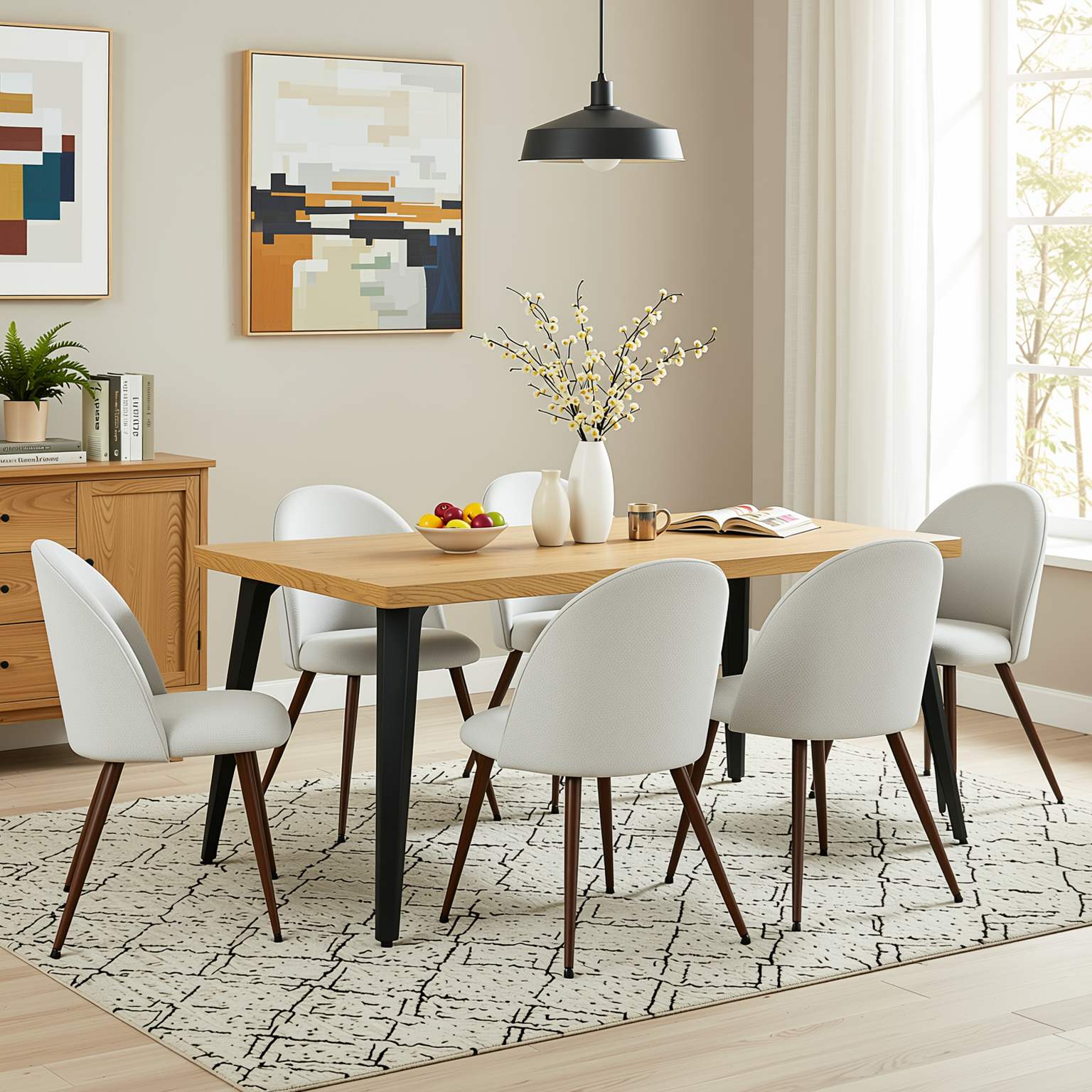 Homy Casa STAN+HAVEN 7PC Dining Set 63” Natural Wood Grain Table with 6 Haven Beige Fabric Chairs Walnut Legs
