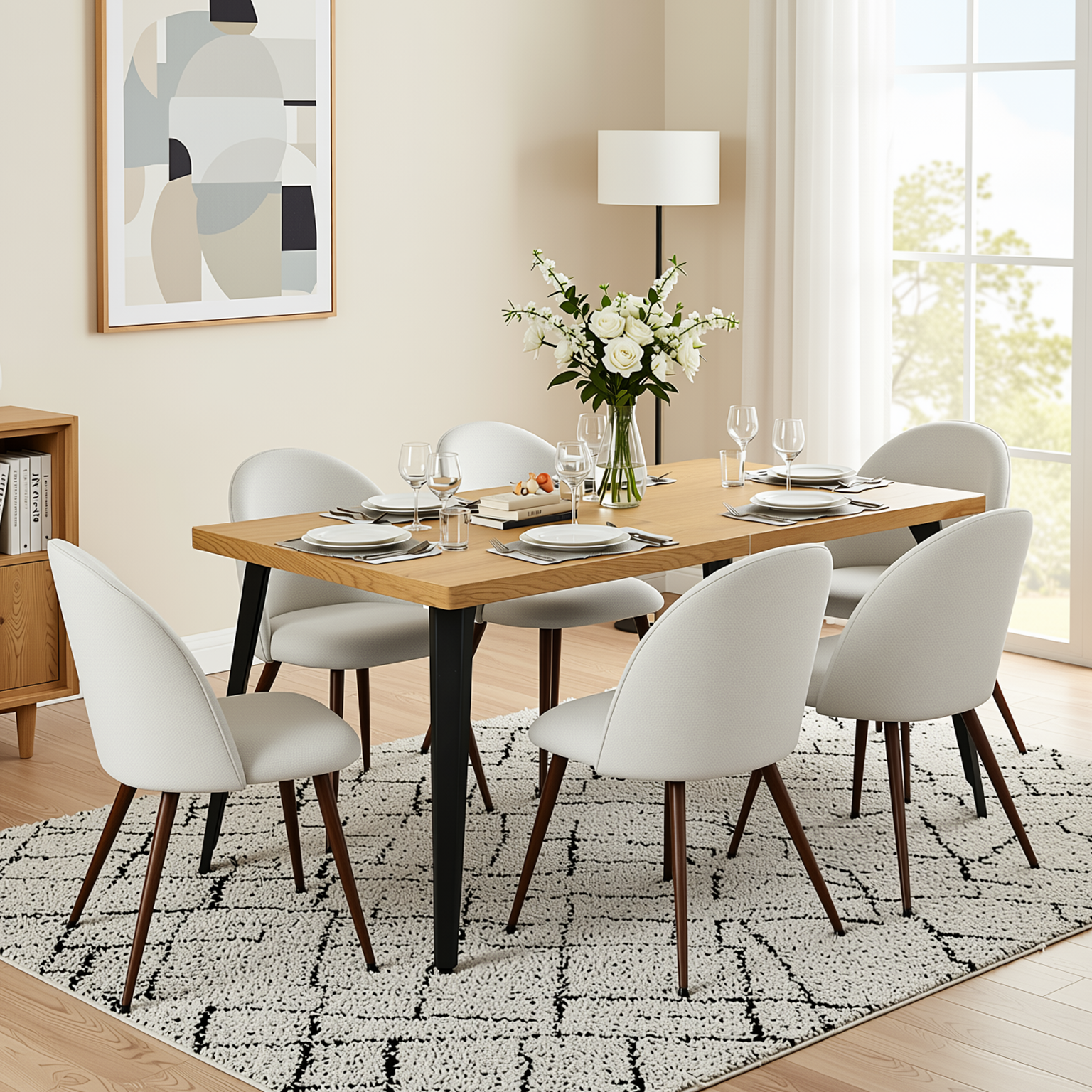 Homy Casa STAN+HAVEN 7PC Dining Set 63” Natural Wood Grain Table with 6 Haven Beige Fabric Chairs Walnut Legs