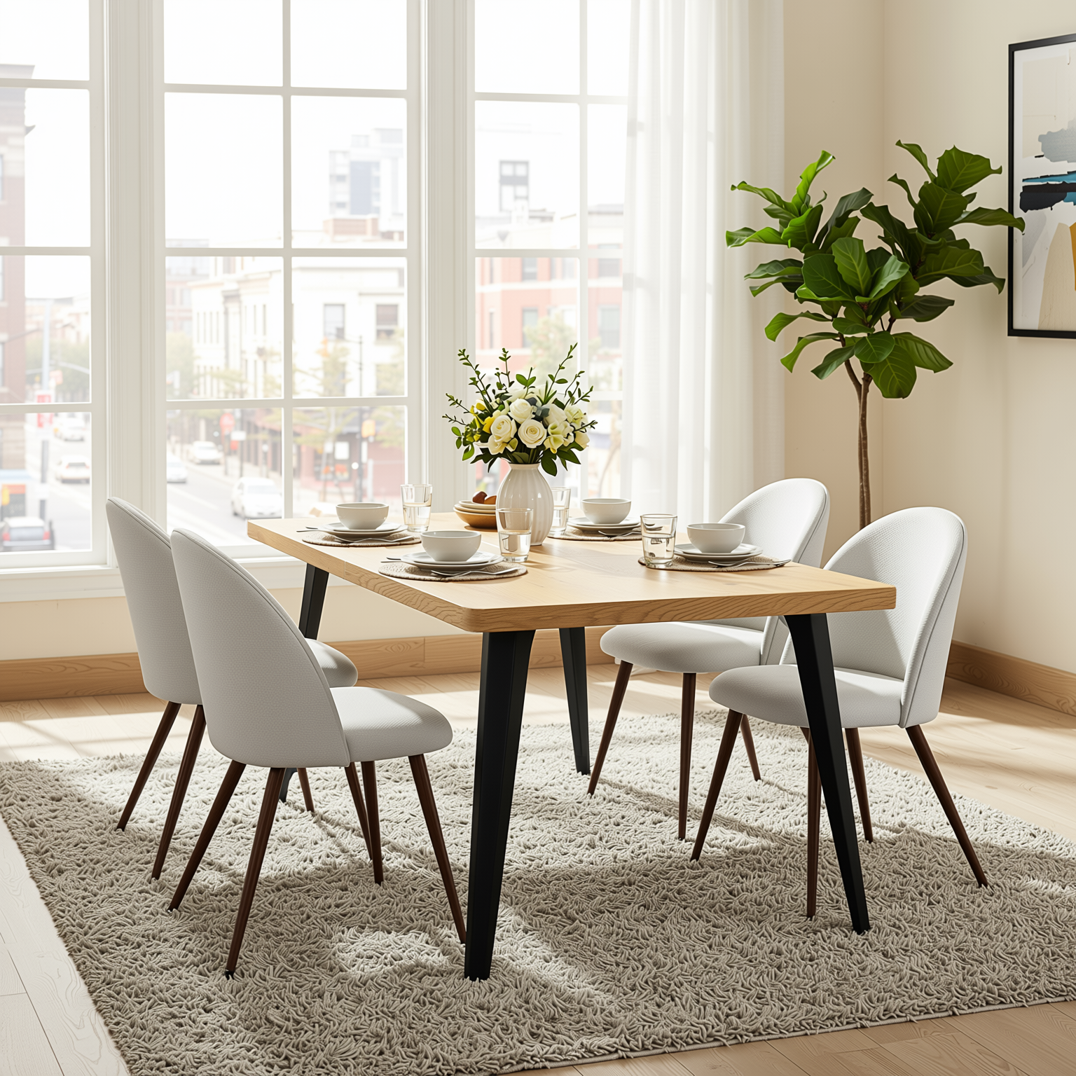 Homy Casa STAN+HAVEN 5PC Dining Set 63" Table with 4 Beige Fabric Chairs Walnut Legs