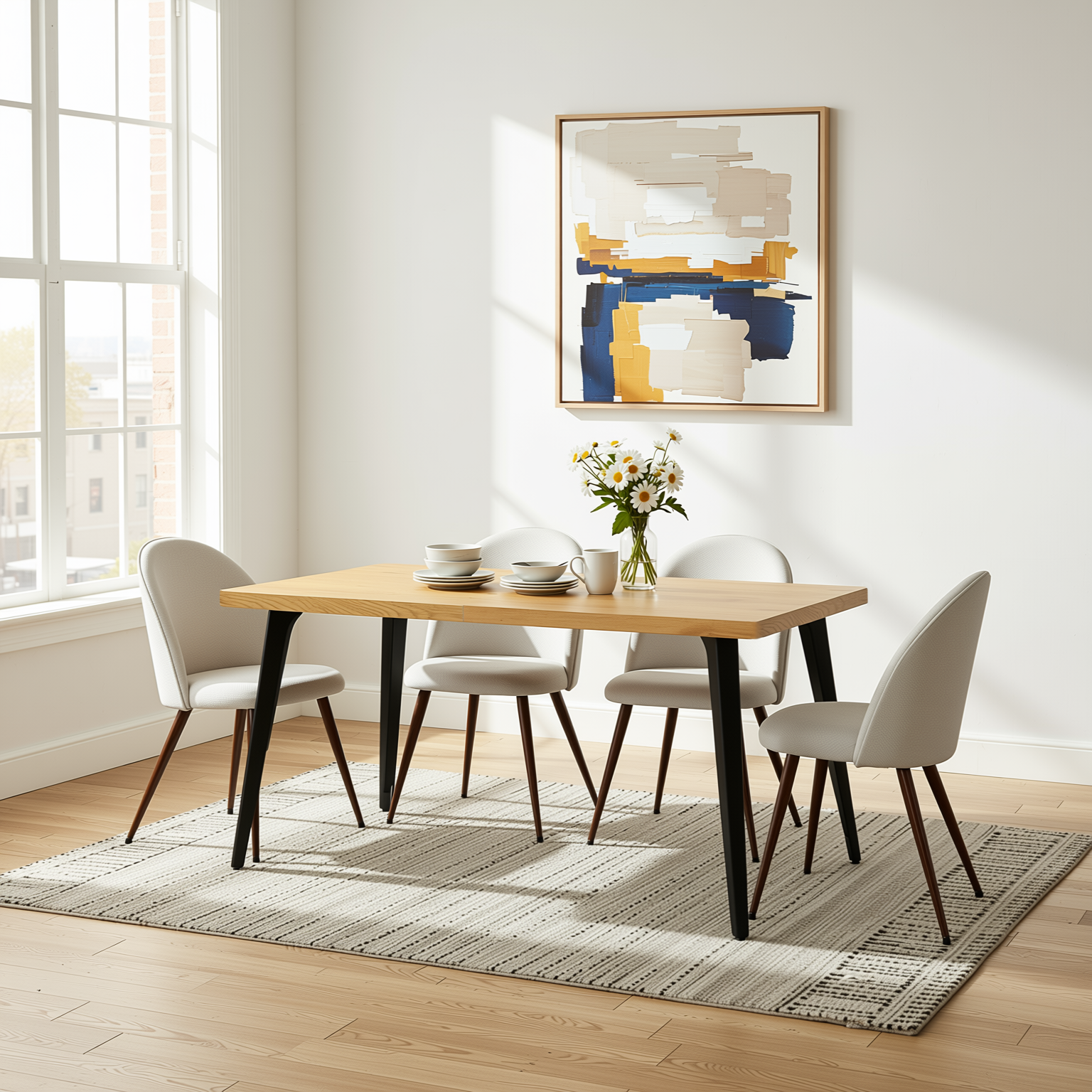 Homy Casa STAN+HAVEN 5PC Dining Set 63" Table with 4 Beige Fabric Chairs Walnut Legs