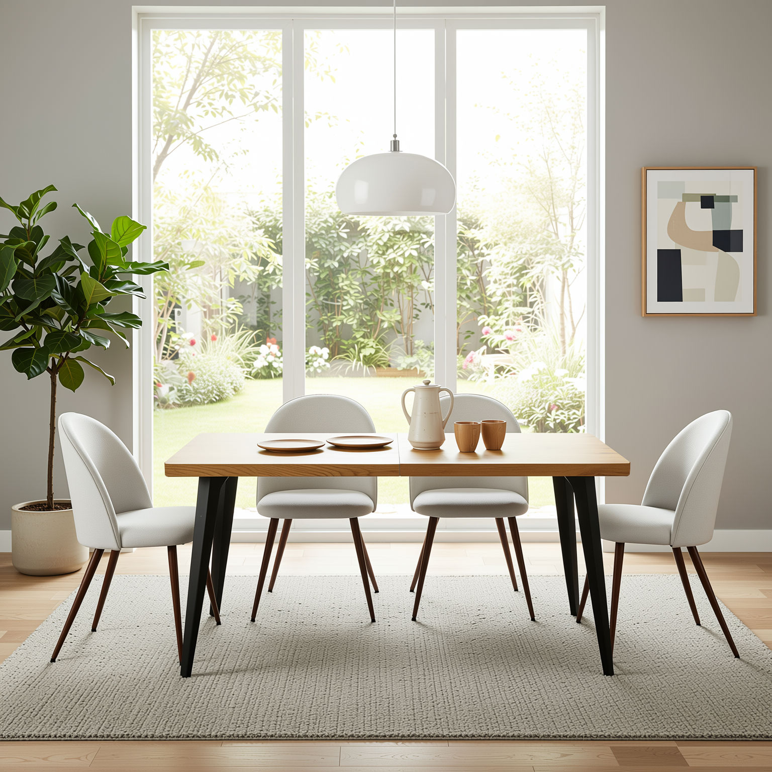 Homy Casa STAN+HAVEN 5PC Dining Set 63" Table with 4 Beige Fabric Chairs Walnut Legs