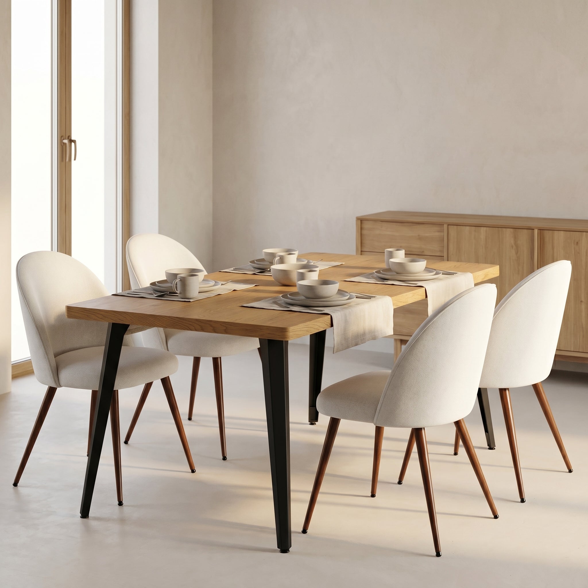 Homy Casa STAN+HAVEN 5PC Dining Set 63" Table with 4 Beige Fabric Chairs Walnut Legs