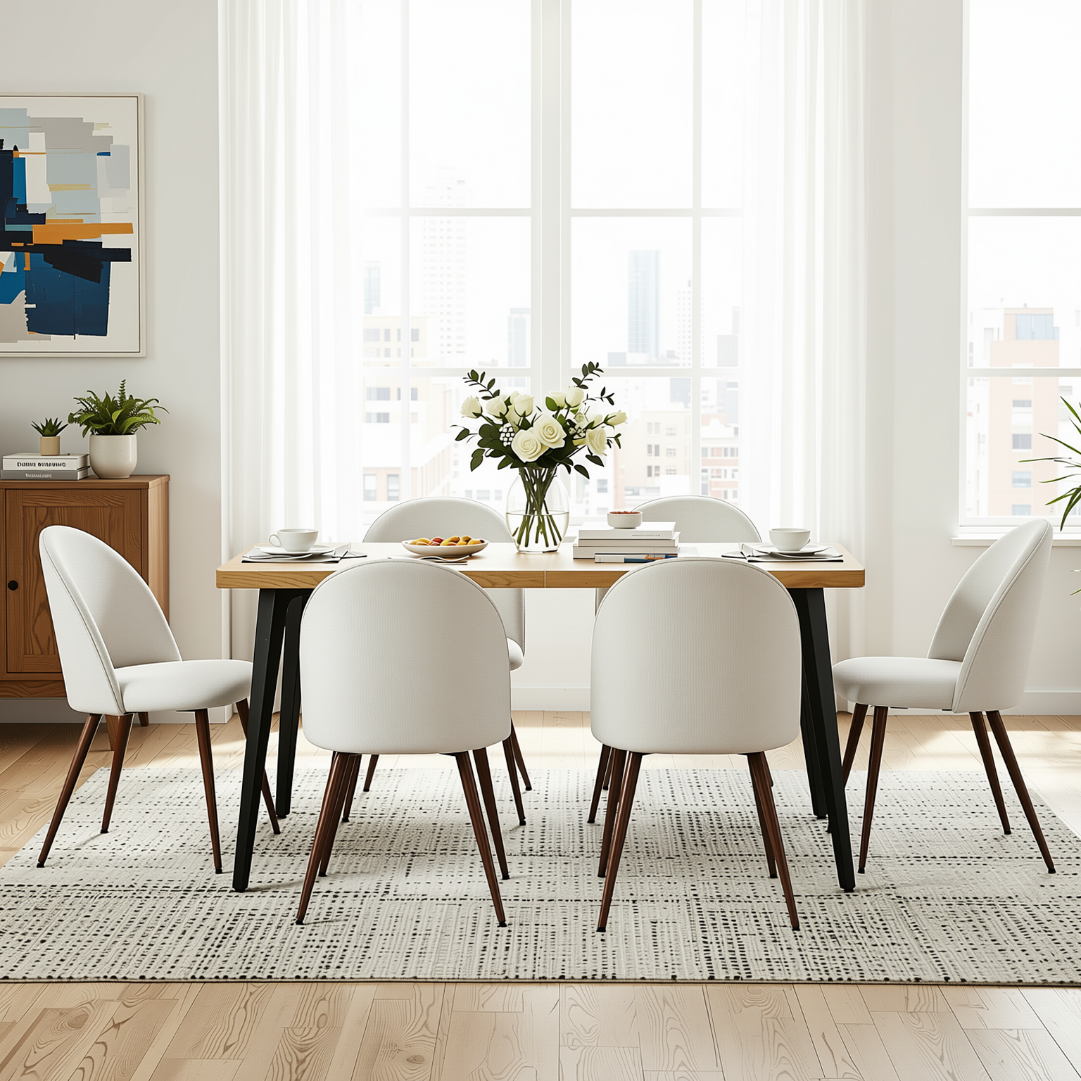 Homy Casa STAN+HAVEN 7PC Dining Set 63” Natural Wood Grain Table with 6 Haven Beige Fabric Chairs Walnut Legs