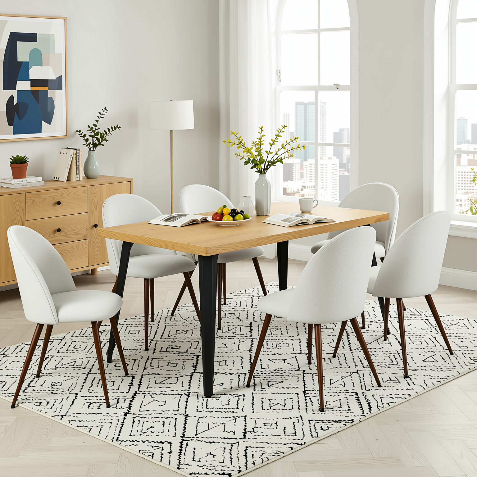Homy Casa STAN+HAVEN 7PC Dining Set 63” Natural Wood Grain Table with 6 Haven Beige Fabric Chairs Walnut Legs