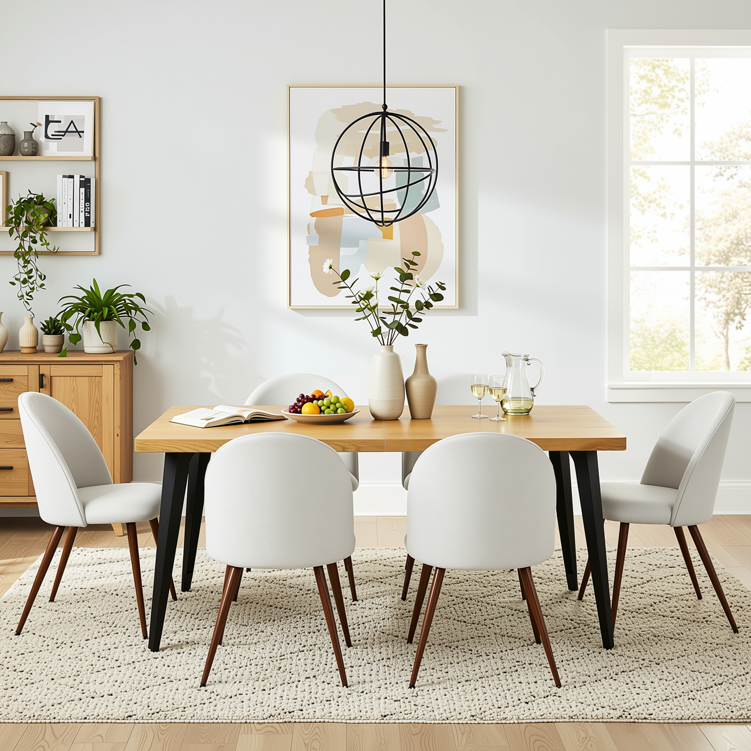 Homy Casa STAN+HAVEN 7PC Dining Set 63” Natural Wood Grain Table with 6 Haven Beige Fabric Chairs Walnut Legs