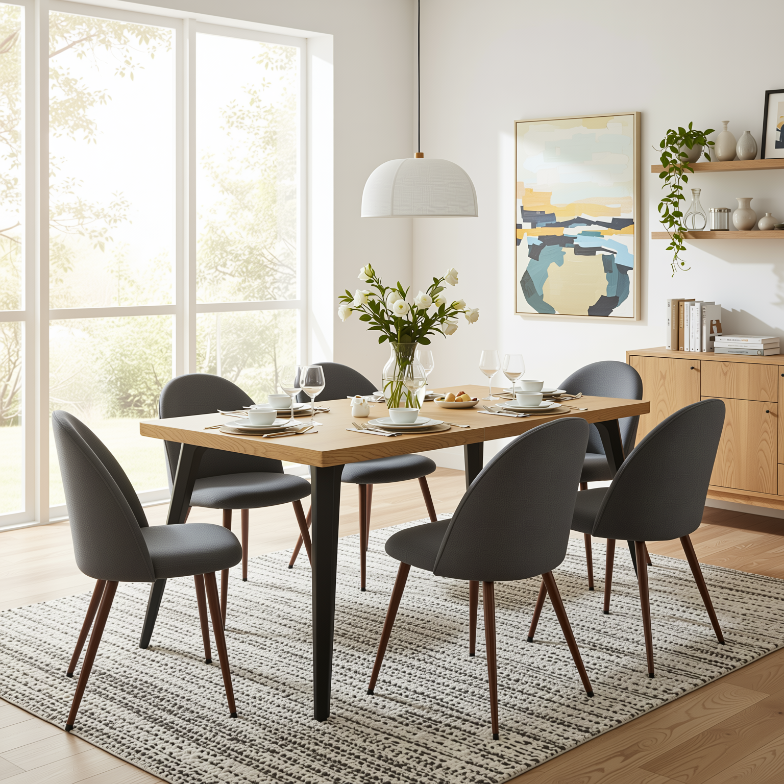 Homy Casa STAN+HAVEN 7PC Dining Set 63" Natural Wood Grain Table with 6 Grey Fabric Chairs Walnut Legs