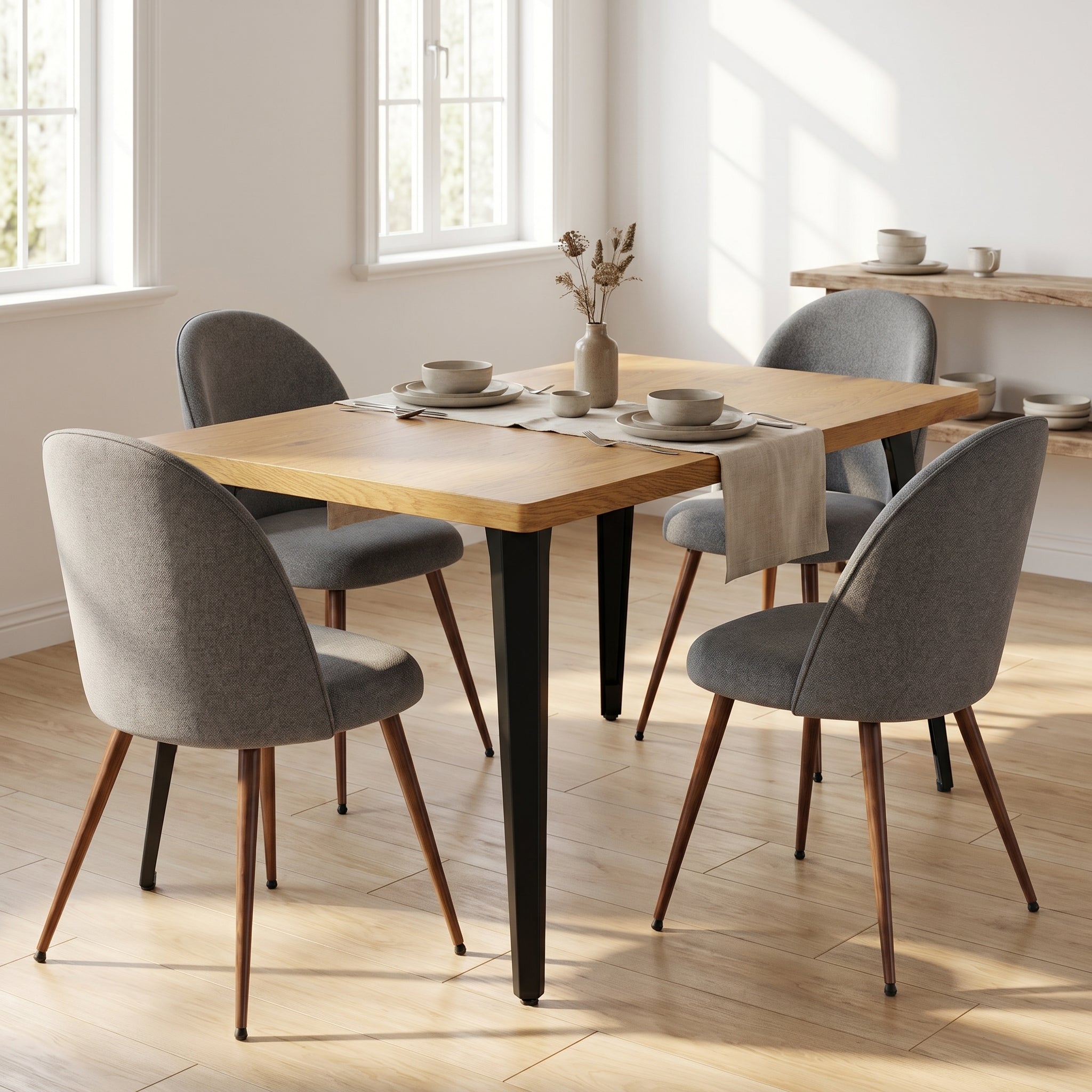 Homy Casa STAN+HAVEN 5PC Dining Set 63" Table with 4 Grey Fabric Chairs Walnut Legs