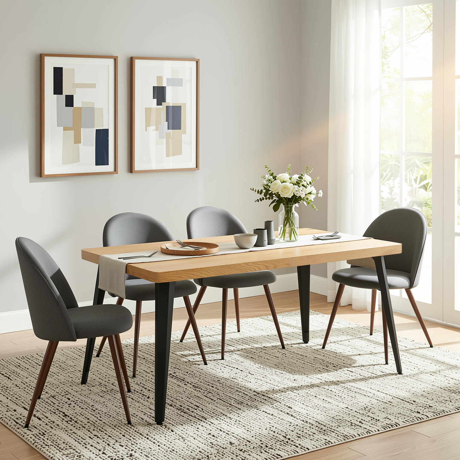 Homy Casa STAN+HAVEN 5PC Dining Set 63" Table with 4 Grey Fabric Chairs Walnut Legs