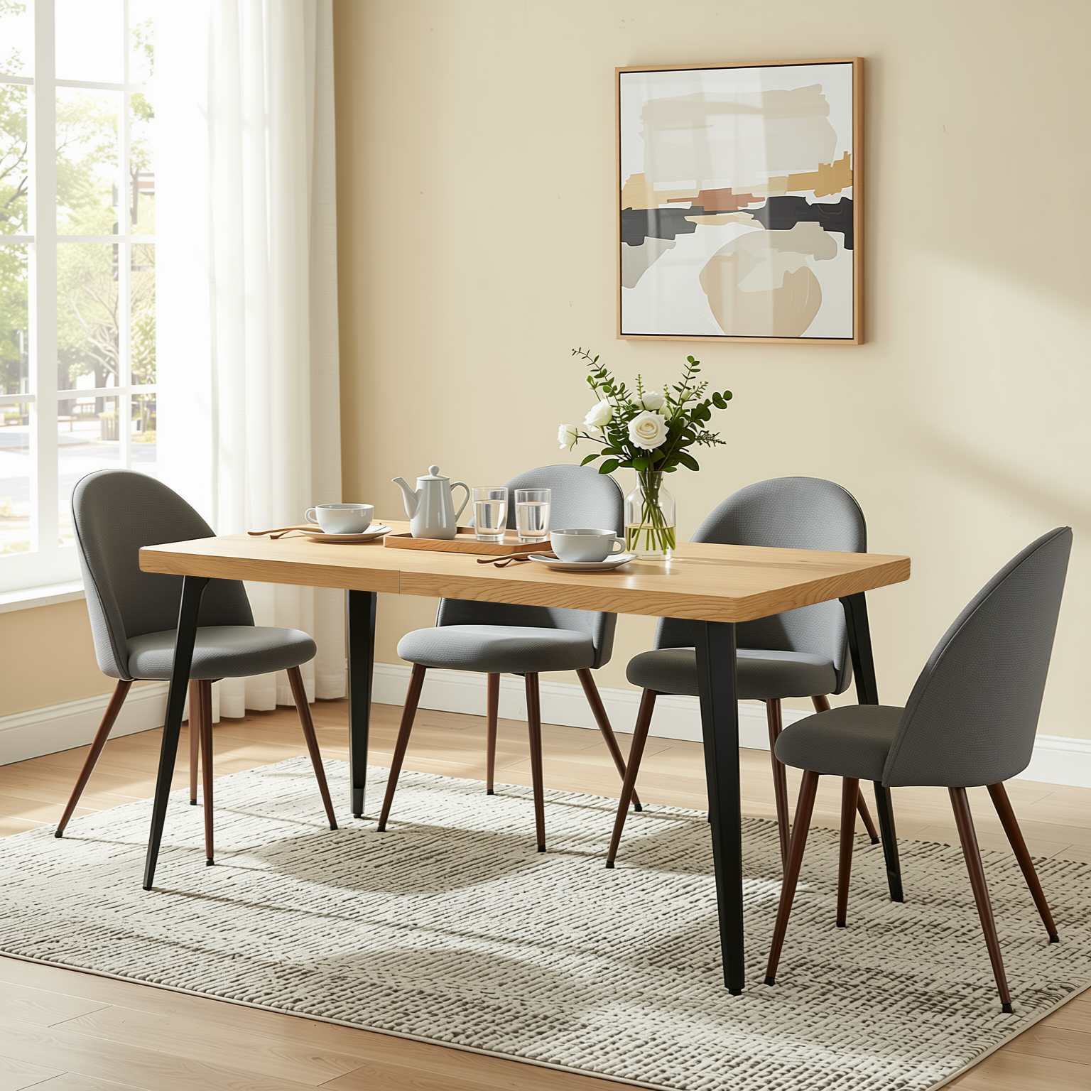 Homy Casa STAN+HAVEN 5PC Dining Set 63" Table with 4 Grey Fabric Chairs Walnut Legs