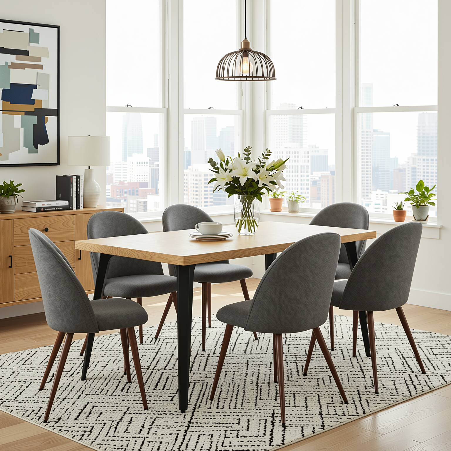 Homy Casa STAN+HAVEN 7PC Dining Set 63" Natural Wood Grain Table with 6 Grey Fabric Chairs Walnut Legs