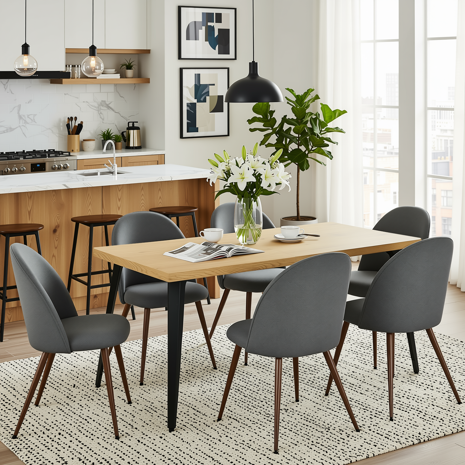 Homy Casa STAN+HAVEN 7PC Dining Set 63" Natural Wood Grain Table with 6 Grey Fabric Chairs Walnut Legs