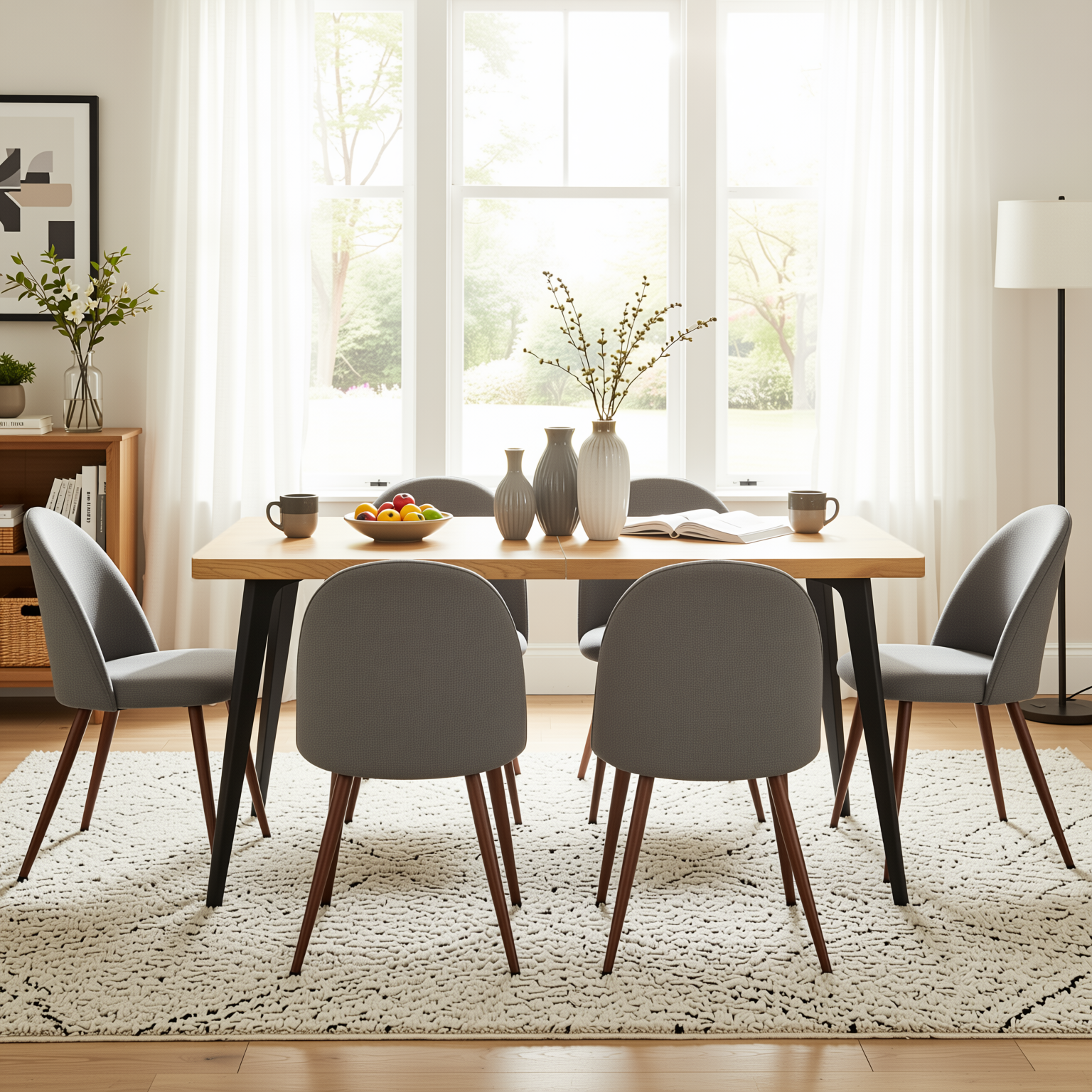 Homy Casa STAN+HAVEN 7PC Dining Set 63" Natural Wood Grain Table with 6 Grey Fabric Chairs Walnut Legs