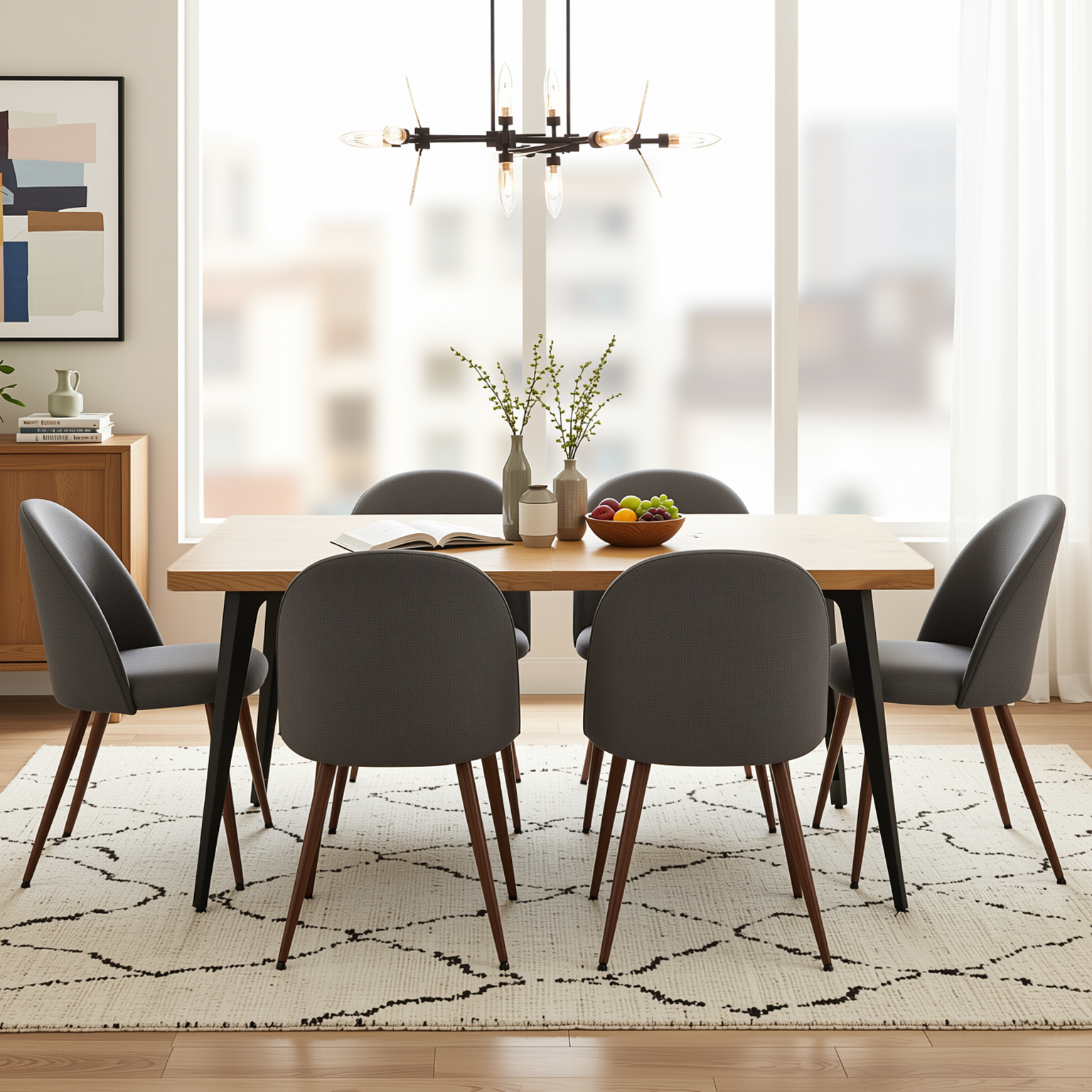 Homy Casa STAN+HAVEN 7PC Dining Set 63" Natural Wood Grain Table with 6 Grey Fabric Chairs Walnut Legs