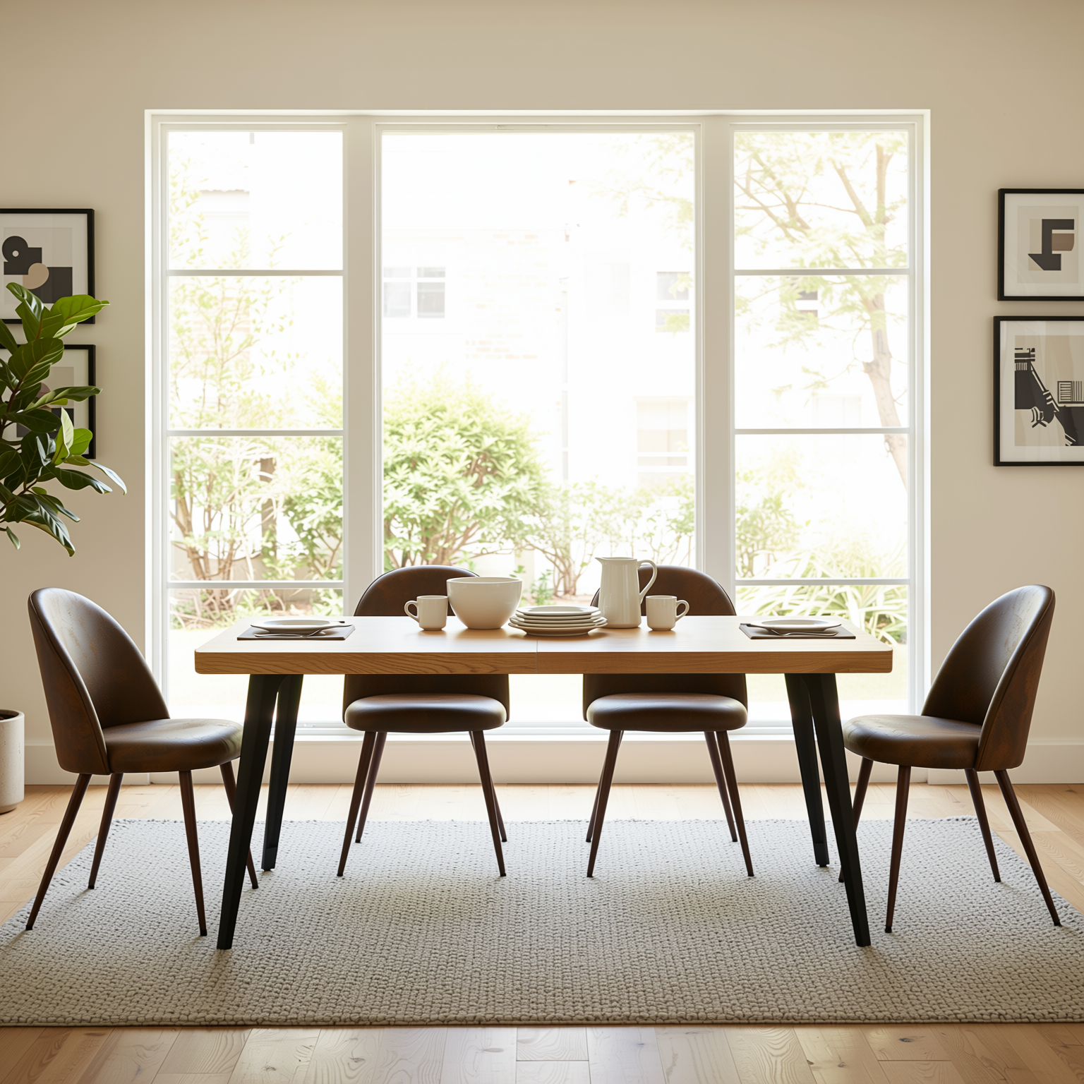 Homy Casa STAN+HAVEN 5PC Dining Set 63” Table with 4 Walnut Leg Upholstered Chairs