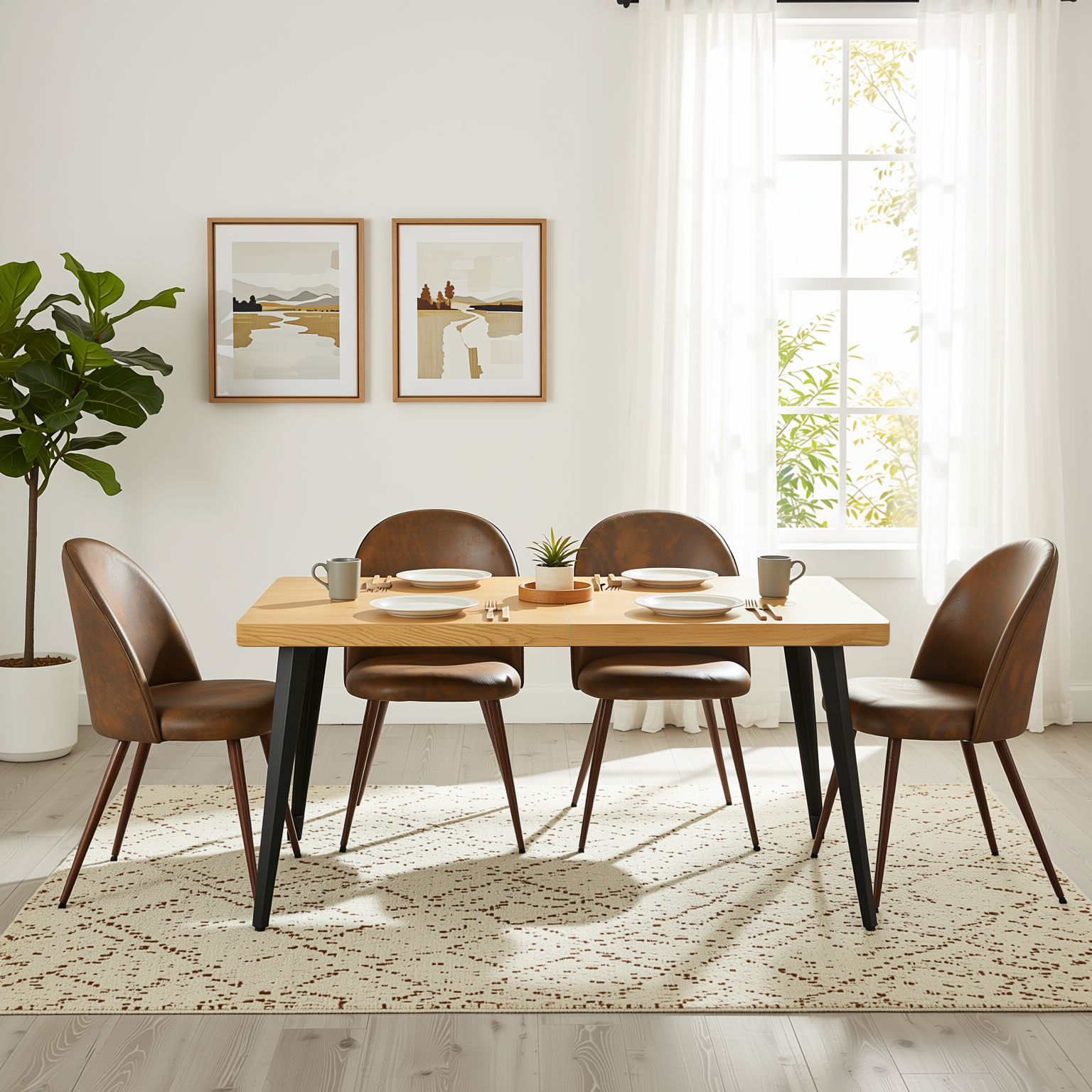 Homy Casa STAN+HAVEN 5PC Dining Set 63” Table with 4 Walnut Leg Upholstered Chairs