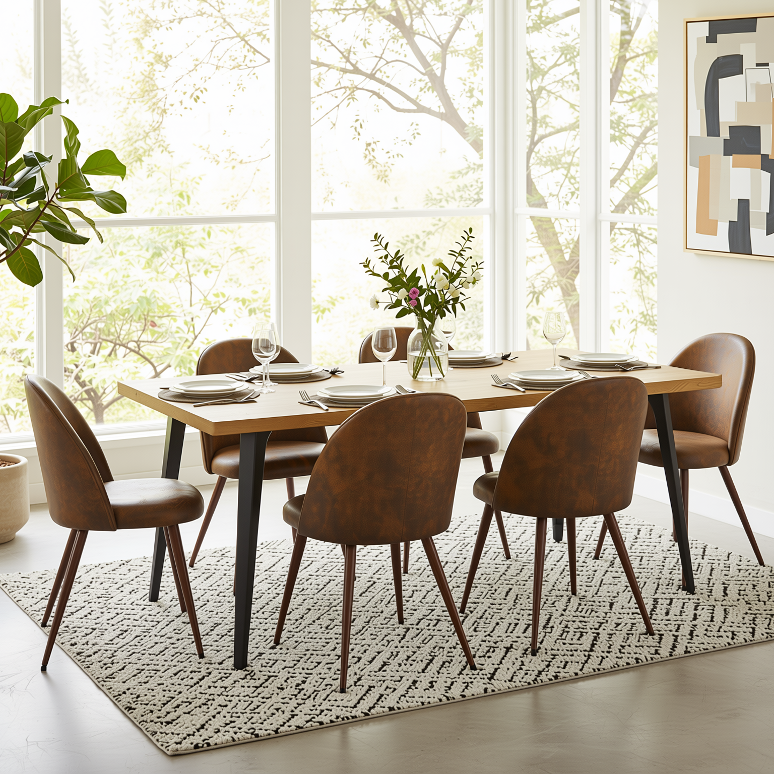 Homy Casa STAN+HAVEN 7PC Dining Set 63" Natural Wood Grain Table with 6 Haven Suede Brown Walnut Leg Chairs