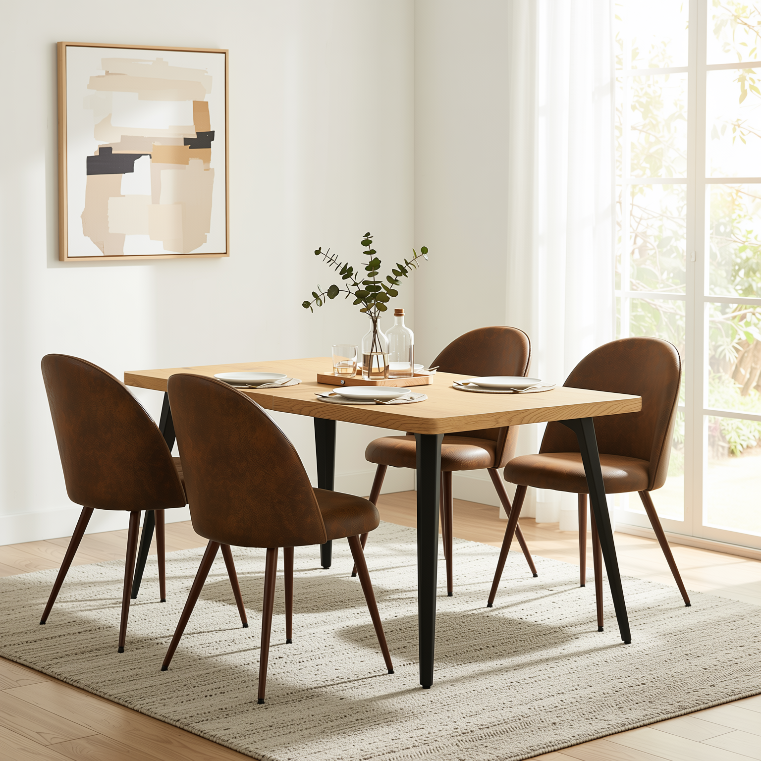 Homy Casa STAN+HAVEN 5PC Dining Set 63” Table with 4 Walnut Leg Upholstered Chairs