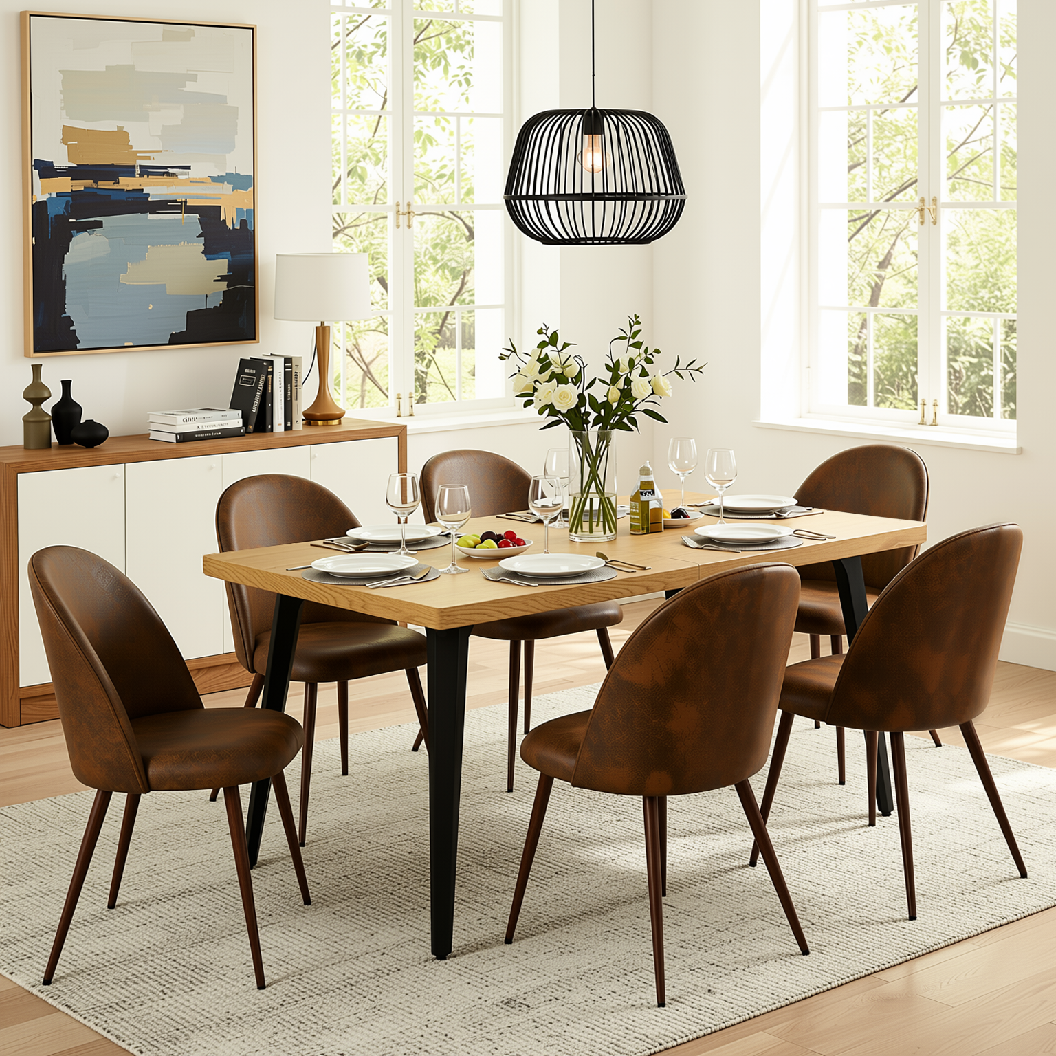 Homy Casa STAN+HAVEN 7PC Dining Set 63" Natural Wood Grain Table with 6 Haven Suede Brown Walnut Leg Chairs