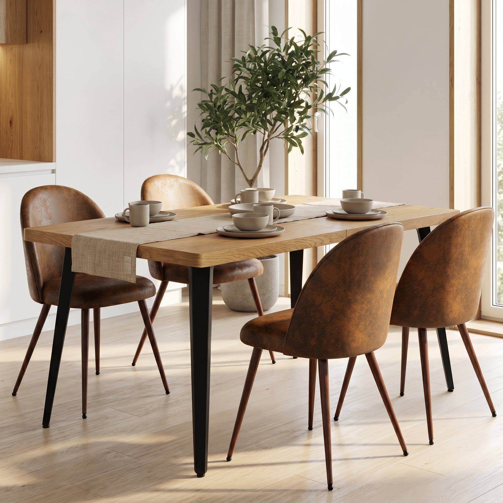 Homy Casa STAN+HAVEN 5PC Dining Set 63” Table with 4 Walnut Leg Upholstered Chairs