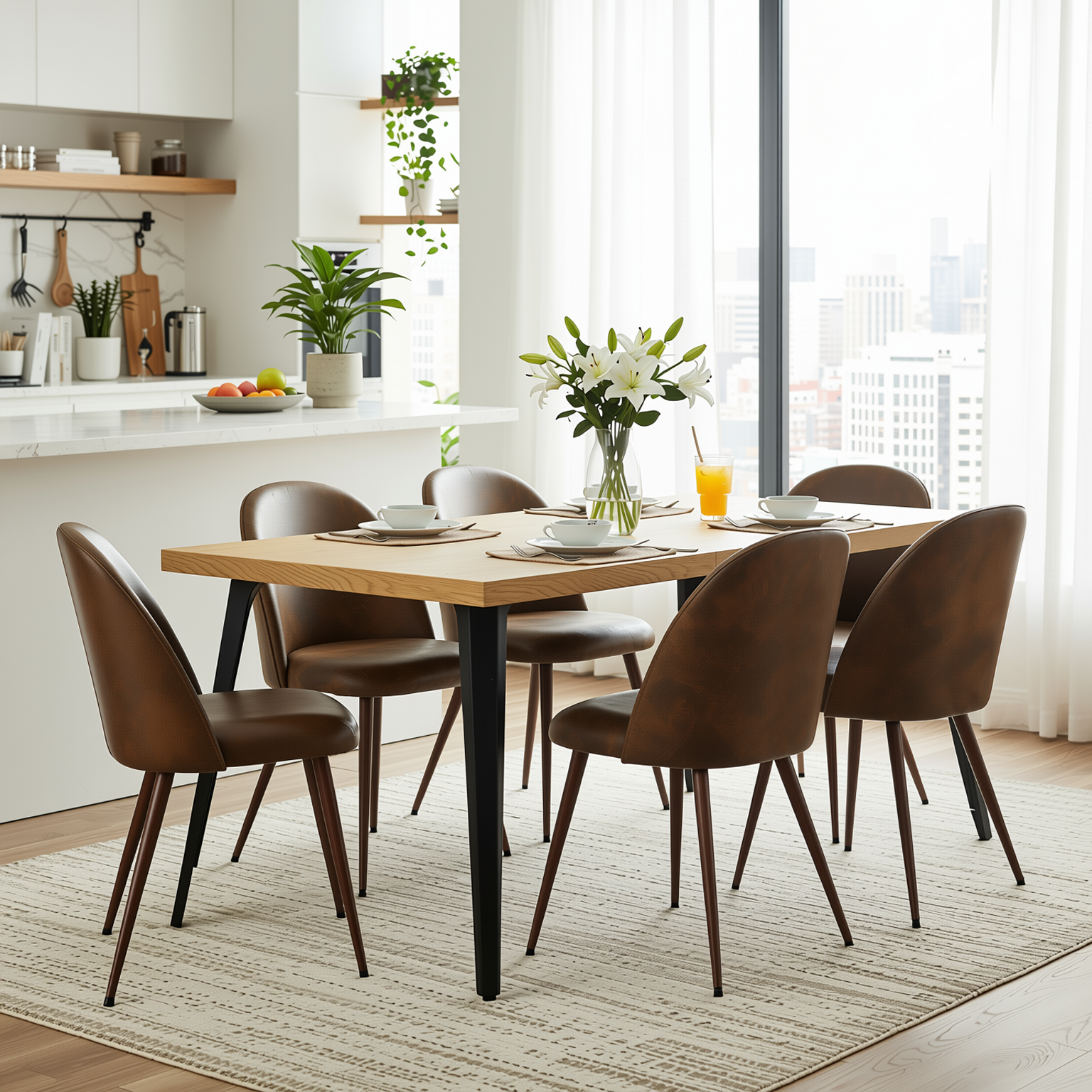 Homy Casa STAN+HAVEN 7PC Dining Set 63" Natural Wood Grain Table with 6 Haven Suede Brown Walnut Leg Chairs