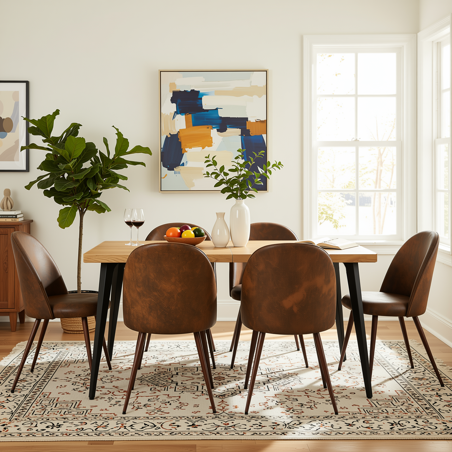 Homy Casa STAN+HAVEN 7PC Dining Set 63" Natural Wood Grain Table with 6 Haven Suede Brown Walnut Leg Chairs