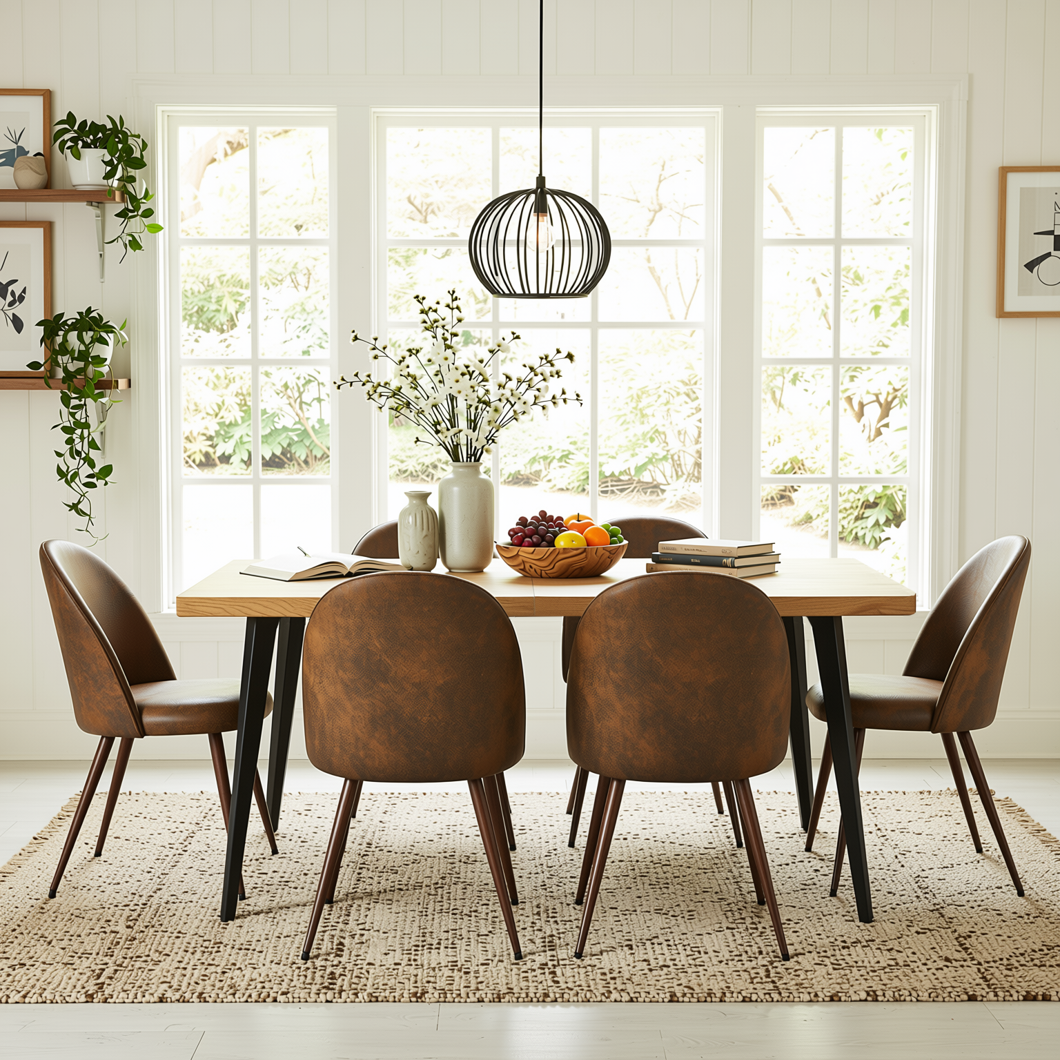 Homy Casa STAN+HAVEN 7PC Dining Set 63" Natural Wood Grain Table with 6 Haven Suede Brown Walnut Leg Chairs