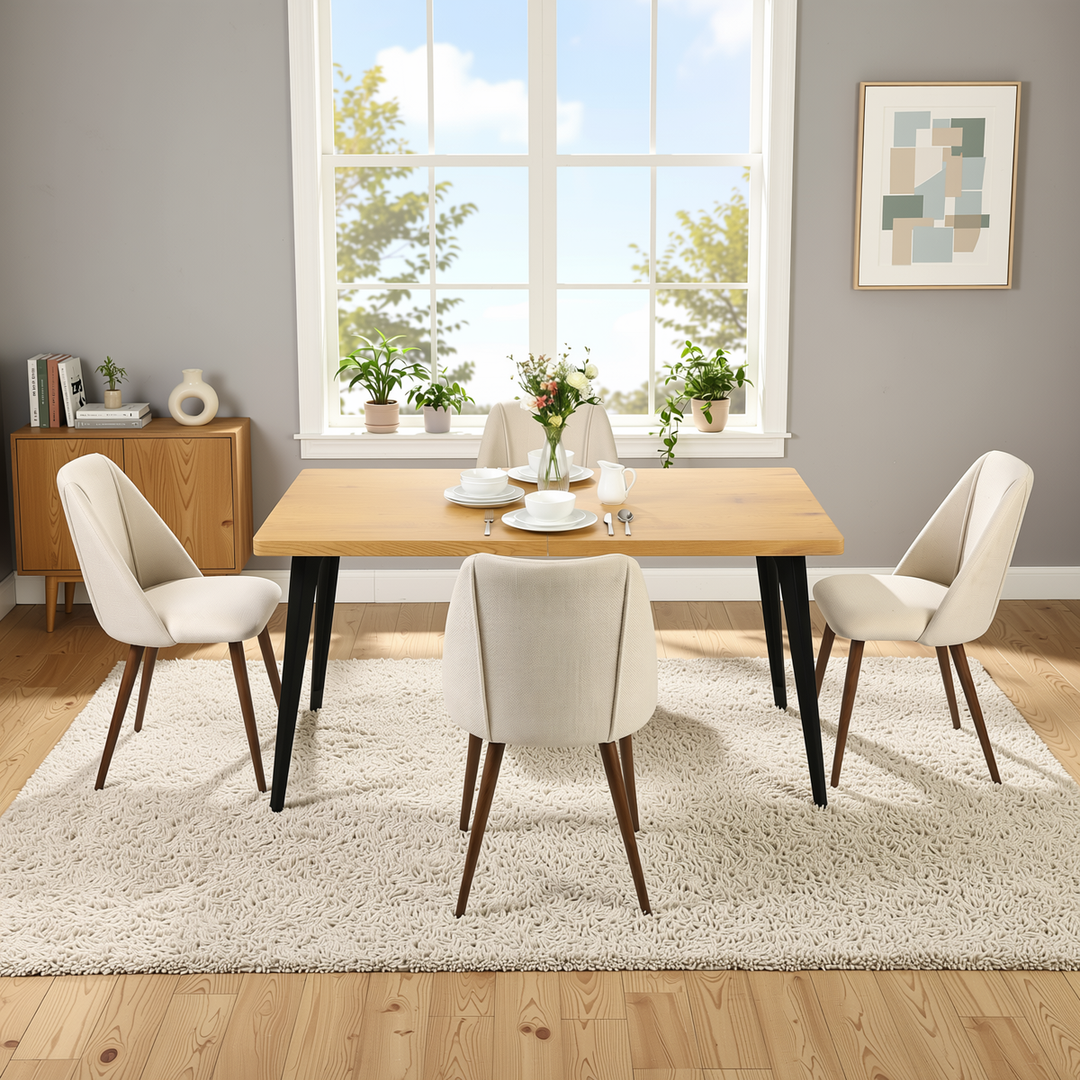 Homy Casa STAN+KALI 5PC Dining Set 63" Natural Wood Table with 4 Kali Beige Fabric Chairs