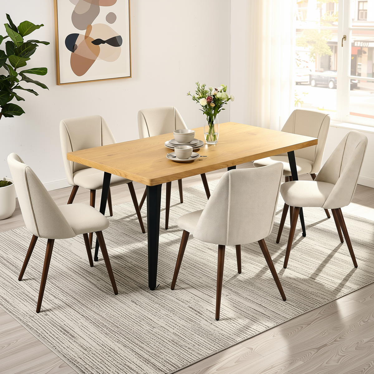 Homy Casa STAN+KALI 7PC Dining Set 63" Table with 6 Upholstered Chairs in Natural Wood and Beige