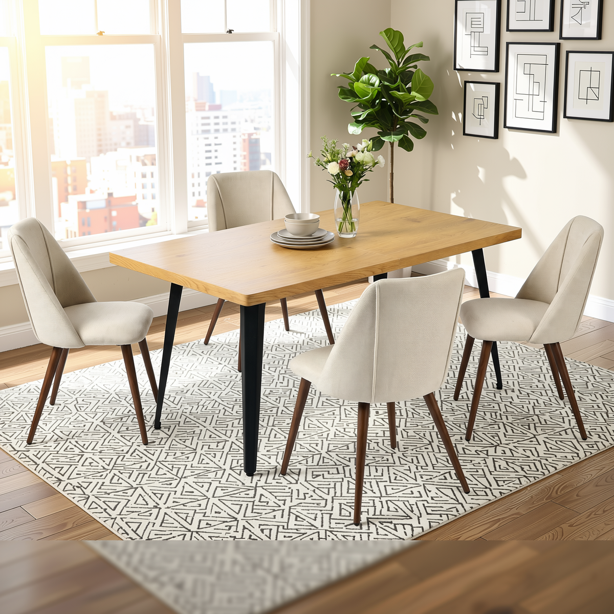 Homy Casa STAN+KALI 5PC Dining Set 63" Natural Wood Table with 4 Kali Beige Fabric Chairs