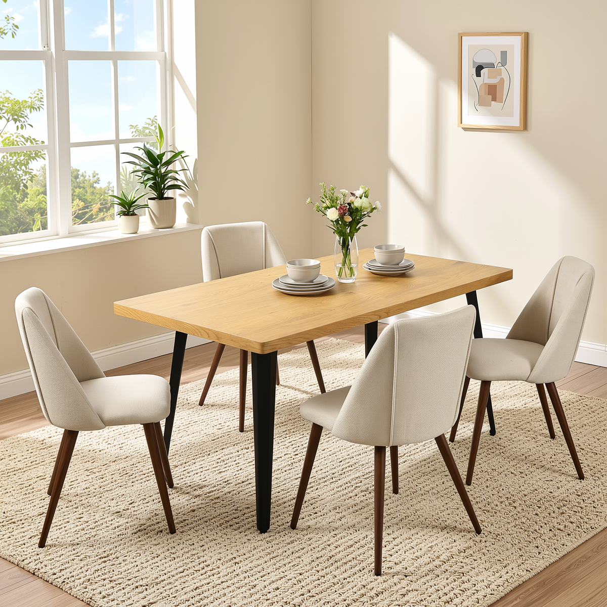 Homy Casa STAN+KALI 5PC Dining Set 63" Natural Wood Table with 4 Kali Beige Fabric Chairs