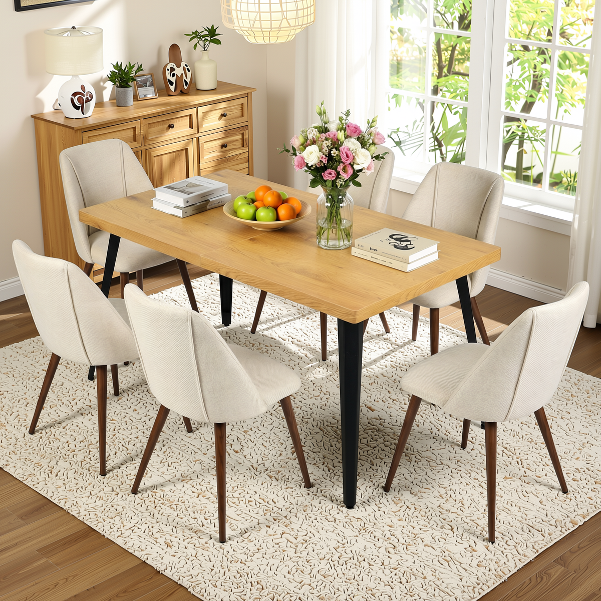 Homy Casa STAN+KALI 7PC Dining Set 63" Table with 6 Upholstered Chairs in Natural Wood and Beige