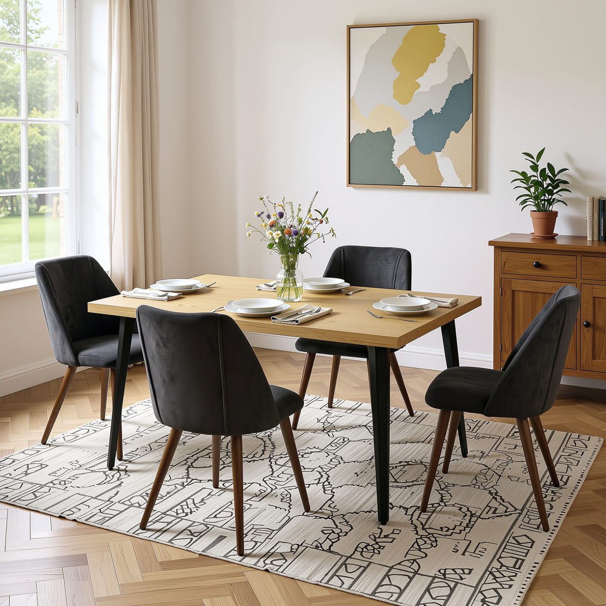 Homy Casa STAN+KALI 5PC Dining Set 63" Natural Wood Table with 4 Charcoal Upholstered Chairs Walnut Metal Legs