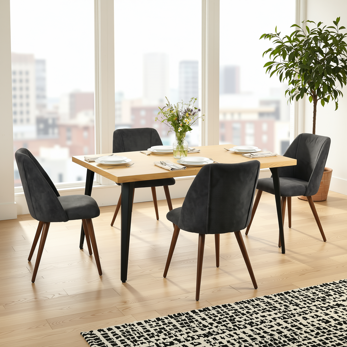 Homy Casa STAN+KALI 5PC Dining Set 63" Natural Wood Table with 4 Charcoal Upholstered Chairs Walnut Metal Legs